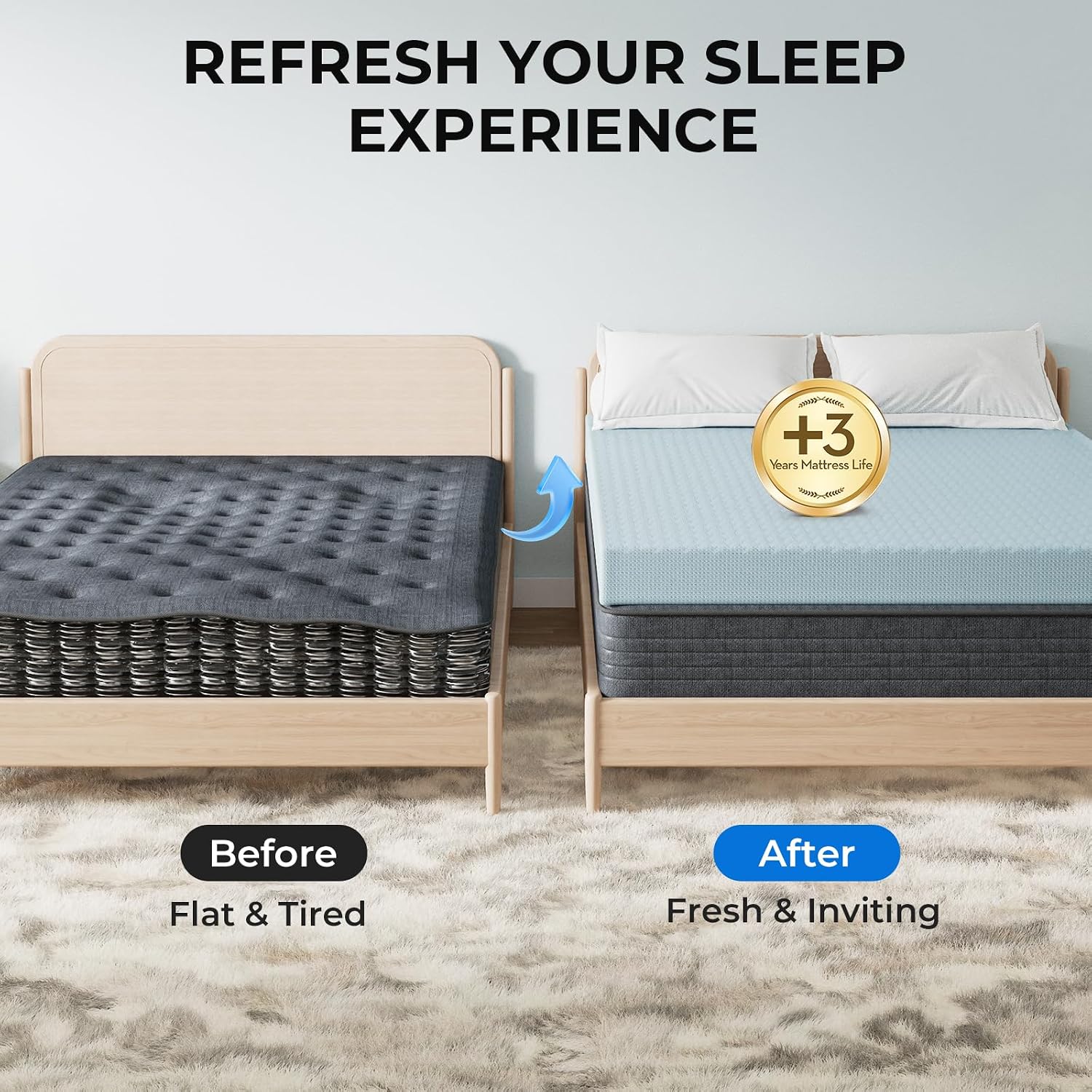 OhGeni 3 Inch King Memory Foam Mattress Topper Pad with Cover, Egg Crate Foam with Anti-Slip Base, Enhanced with Cooling Gel, Comfort for S…