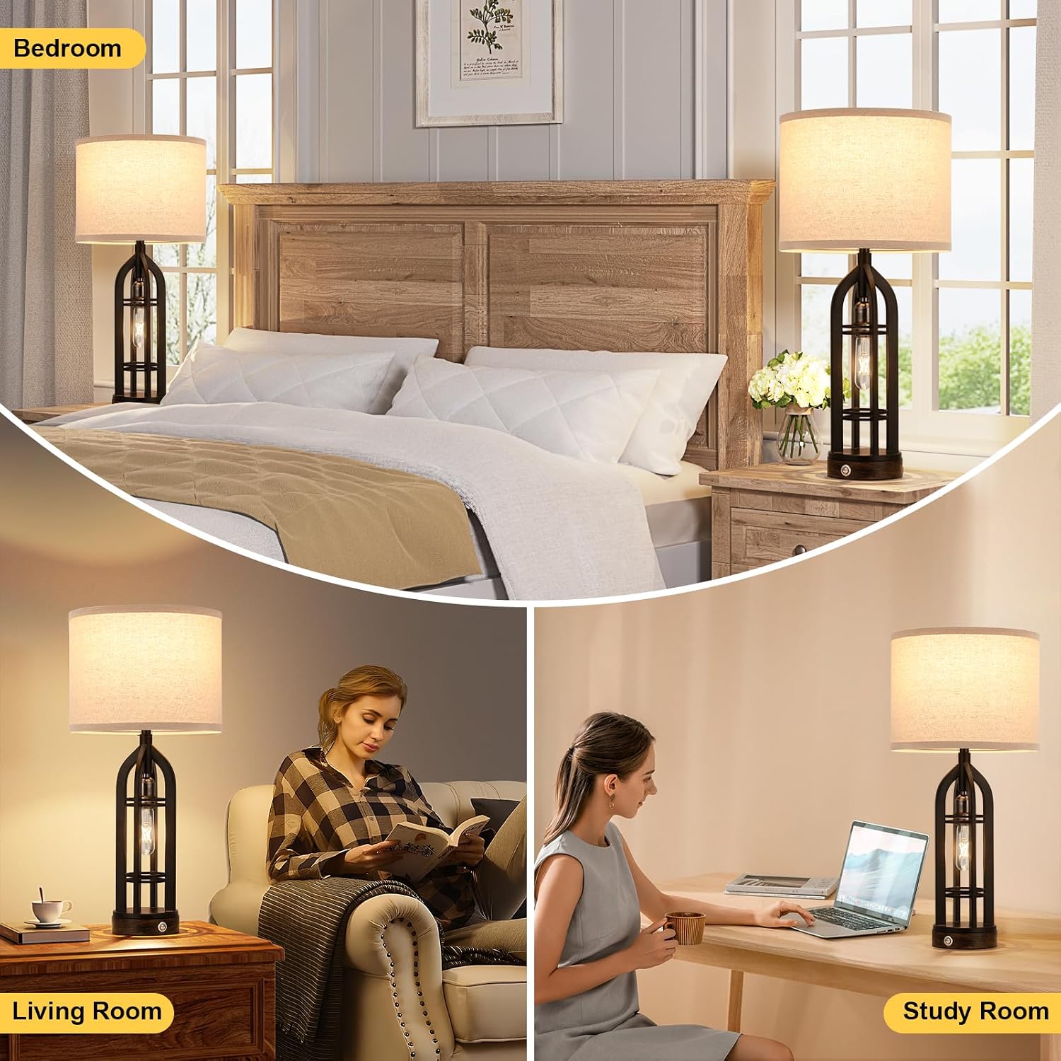 Seealle Table Lamps for Living Room Set of 2 - Black Bedside Lamp for Bedroom with USB C+A & Outlet, Farmhouse Lamps for Night Stands…
