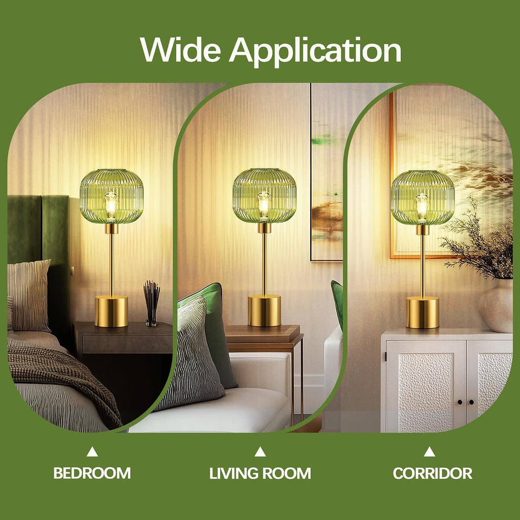 QiMH Glass Table Lamp for Living Room, Modern Bedside Lamp with Green Ribbed Glass Shade, 3-Way Dimmable Touch Control Nightstand Lamp…