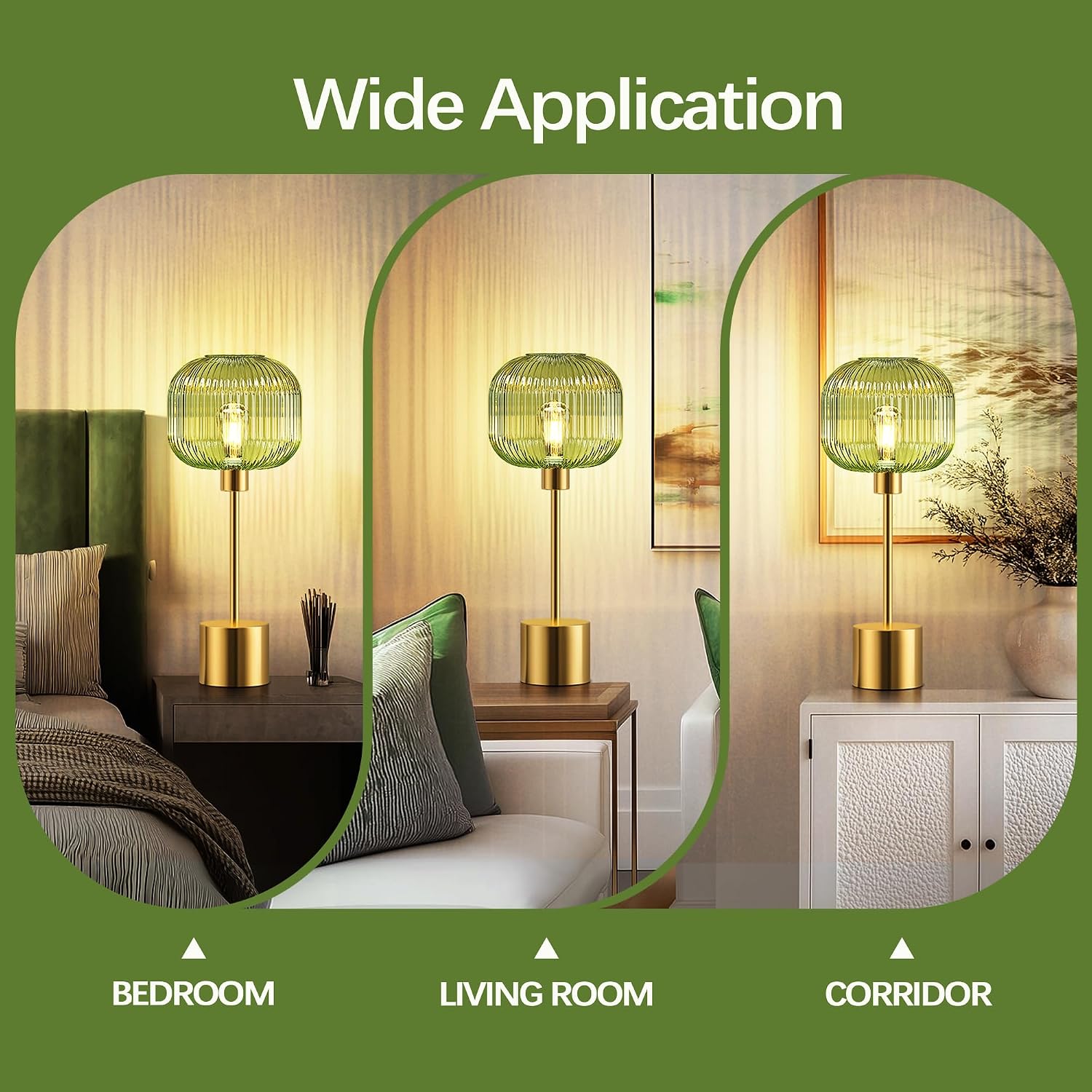 QiMH Glass Table Lamp for Living Room, Modern Bedside Lamp with Green Ribbed Glass Shade, 3-Way Dimmable Touch Control Nightstand Lamp…