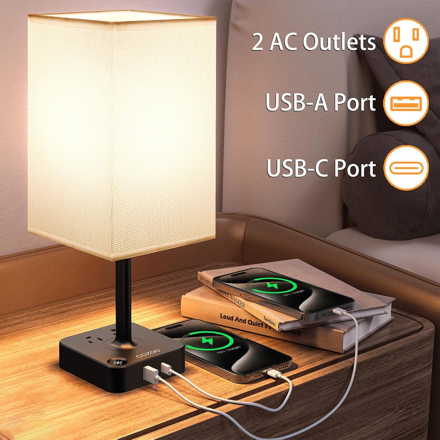 Table Lamp Dimmable cozoo USB Bedside Table Desk Lamp with 2 USB Charging Port(A+C) 2 Outlet, Nightstand Lamp with Charger Base White…