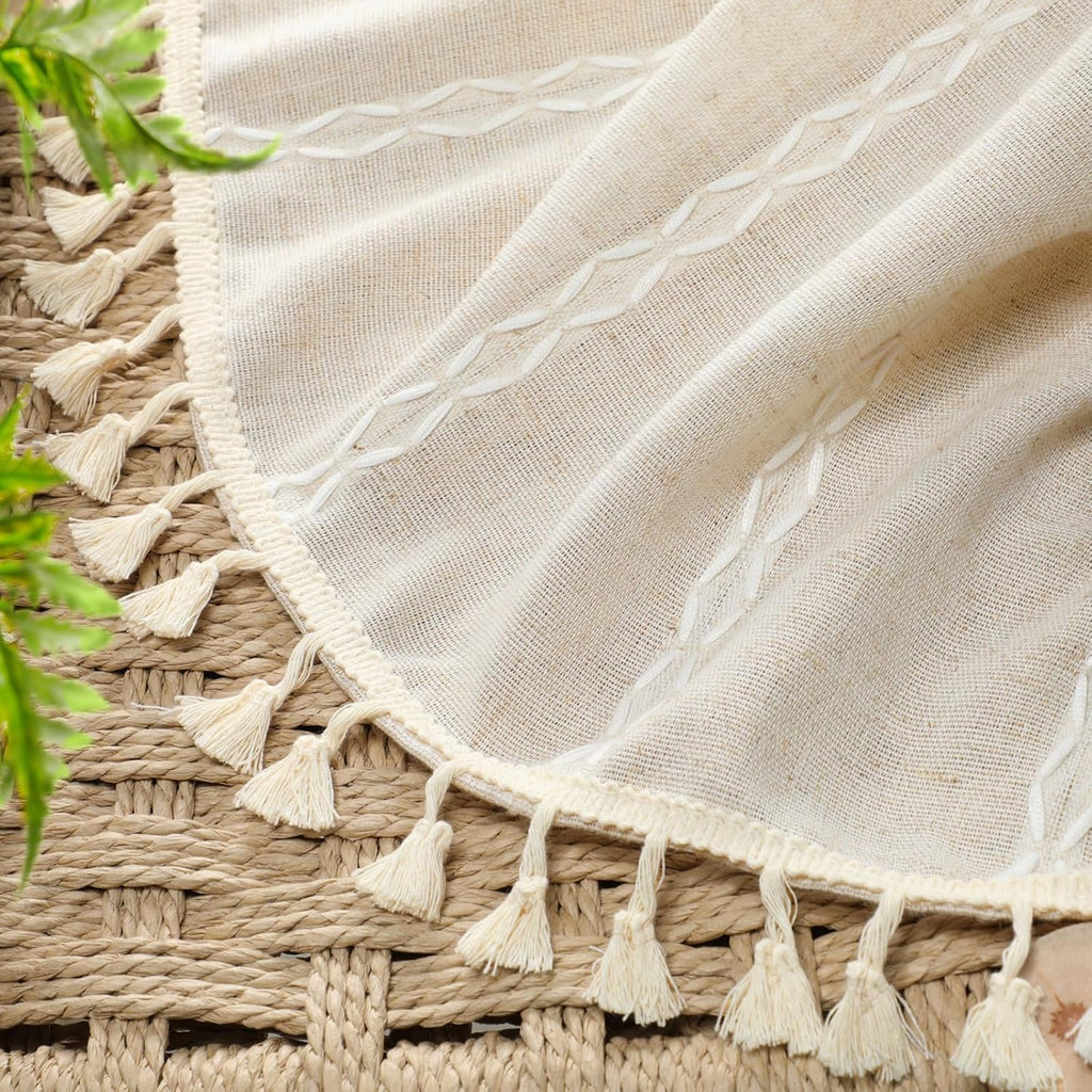 XOGUIBO Boho Blackout Curtains 2 Panels 84 Inch for Living Room Bedroom, Beige Linen Texture Farmhouse Curtains with Tassels and Cot…