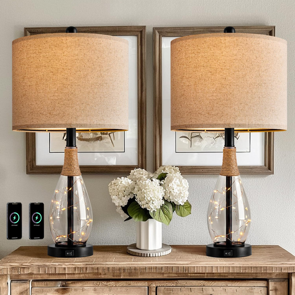 OYEARS 23" Table Lamps for Living Room Set of 2 Bedside Lamps for Night Stands Bedroom Lamps Farmhouse Rattan Boho Lamp Glass Nightlight…