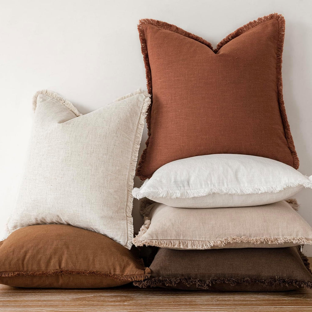Foindtower Set of 2 Decorative Linen Fringe Throw Pillow Covers Farmhouse Cushion Cover with Tassels Soft Accent Pillowcase for Couch…