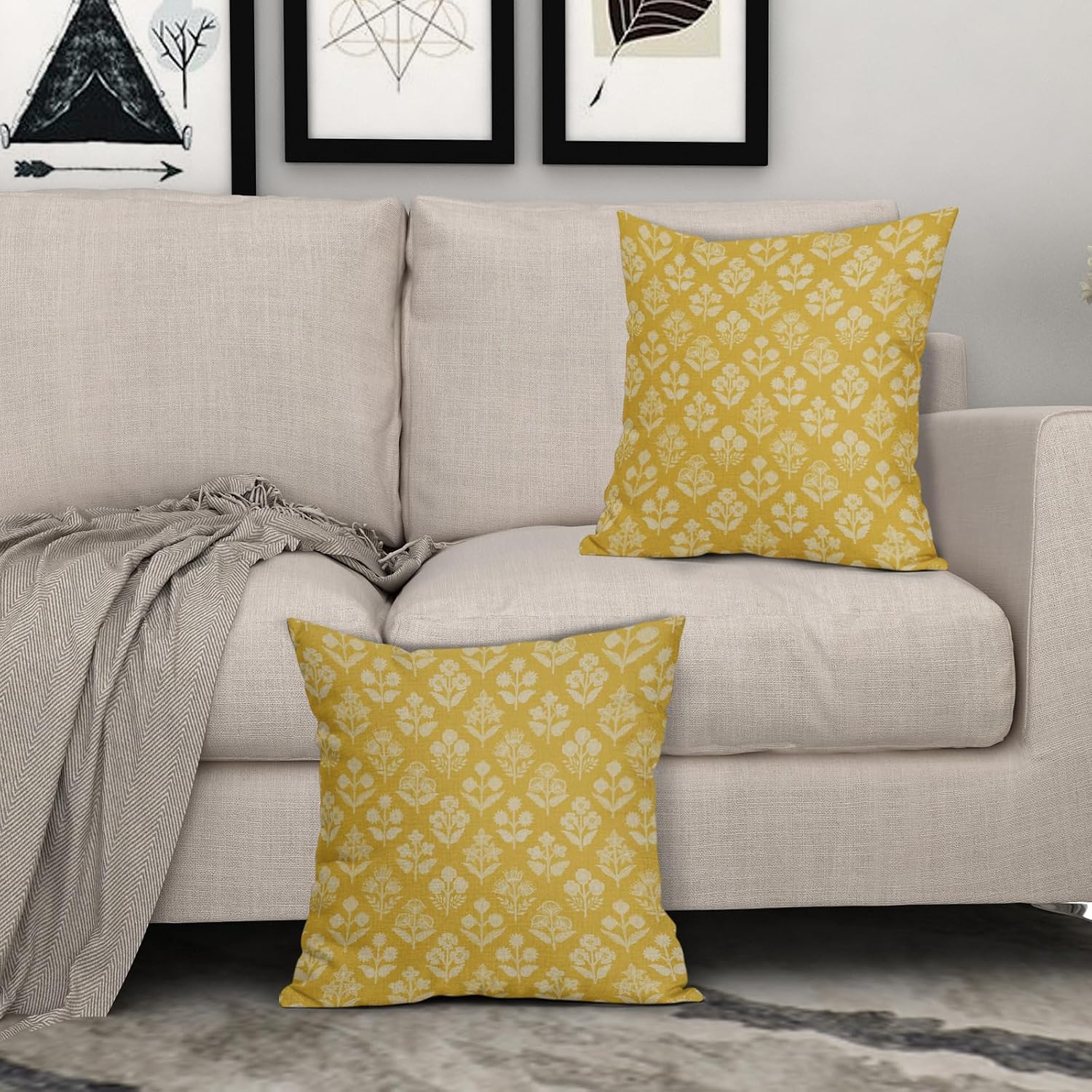 Yellow Floral Block Print Pillow Covers 16x16 Inch Set of 2, Vintage Flower Pattern Decorative Throw Pillowcases Outdoor Farmhouse…
