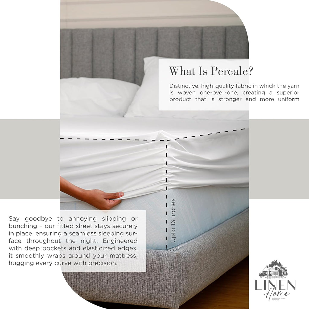 Linen Home 100% Cotton Percale Sheets King Size, White, Deep Pocket, 4 Pieces Set - 1 Flat, 1 Deep Pocket Fitted Sheet and 2 Pillowcases…