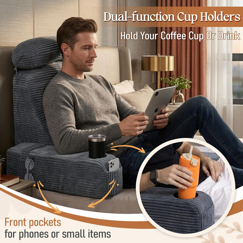 Reading Pillow/Backrest Pillow with Arms, Cup Holder & Phone Pocket - Bed Rest Pillow with Adjustable Headrest, Corduroy Fabric for Back…