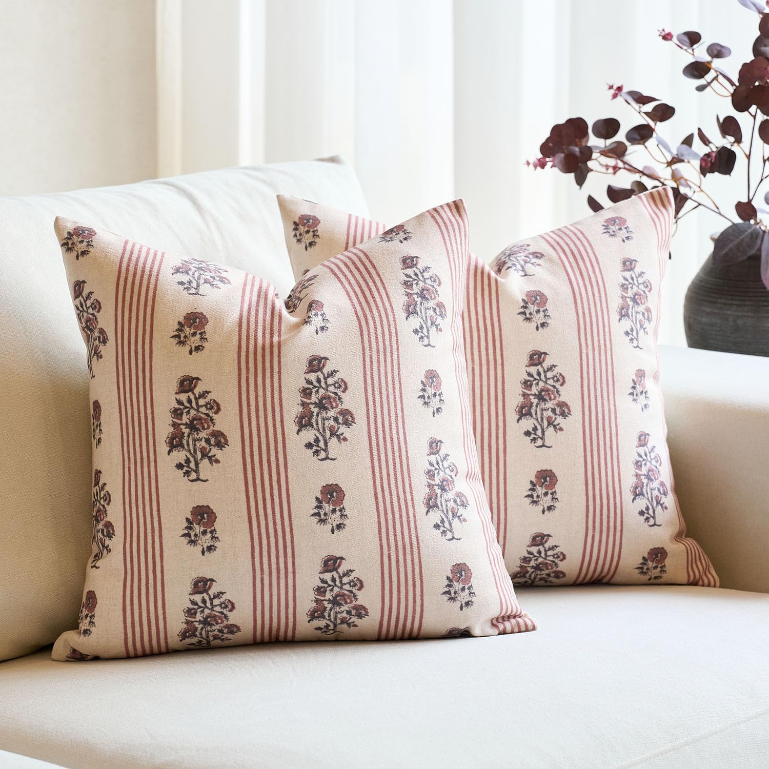 AffordableFloralPrintMaker Amor Virisso Floral Throw Pillow Covers 18x18 Set of 2 Block Print Pillow Covers Neutral Floral Striped Farmhous…
