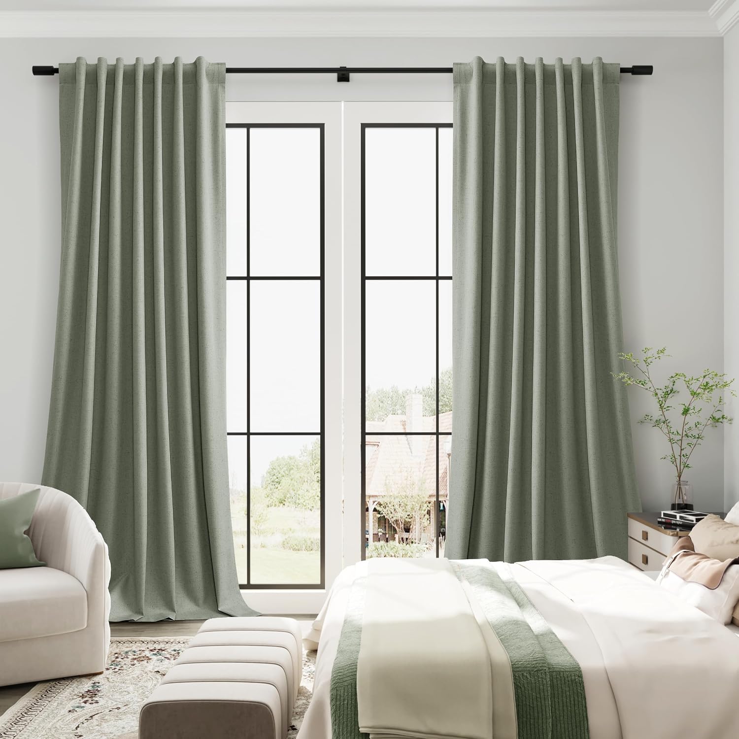 Guken Sage Green Linen 100% Blackout Curtains 90 Inches Long for Bedroom Back Tab Elegant Country Farmhouse Black Out Room Darkening Therma…