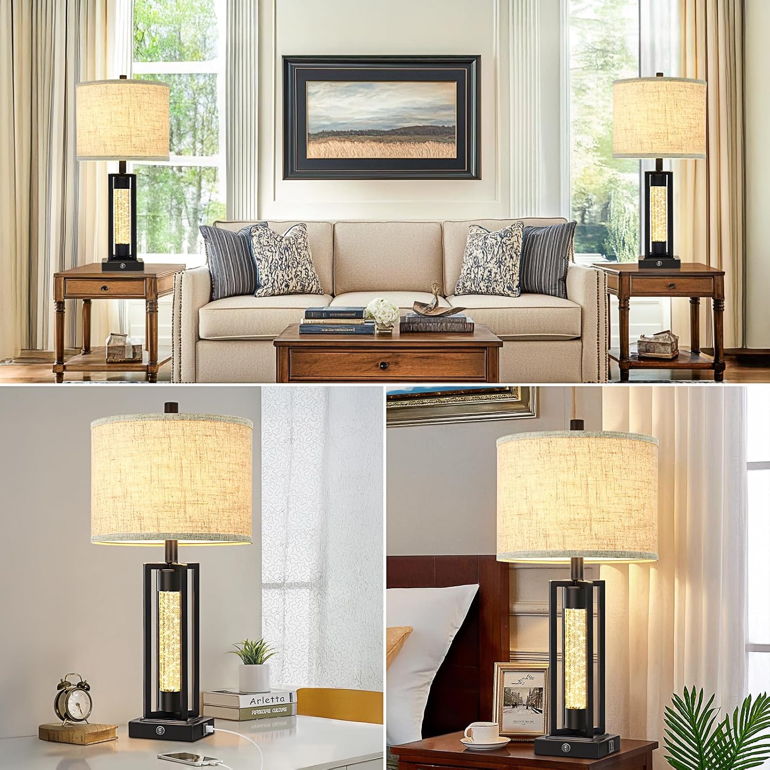 Tobusa 26’’ Farmhouse Table Lamps for Living Room with Crystal Night Light Set of 2, Modern Nightstand Lamps with 2 USB Ports, Vintage Home…