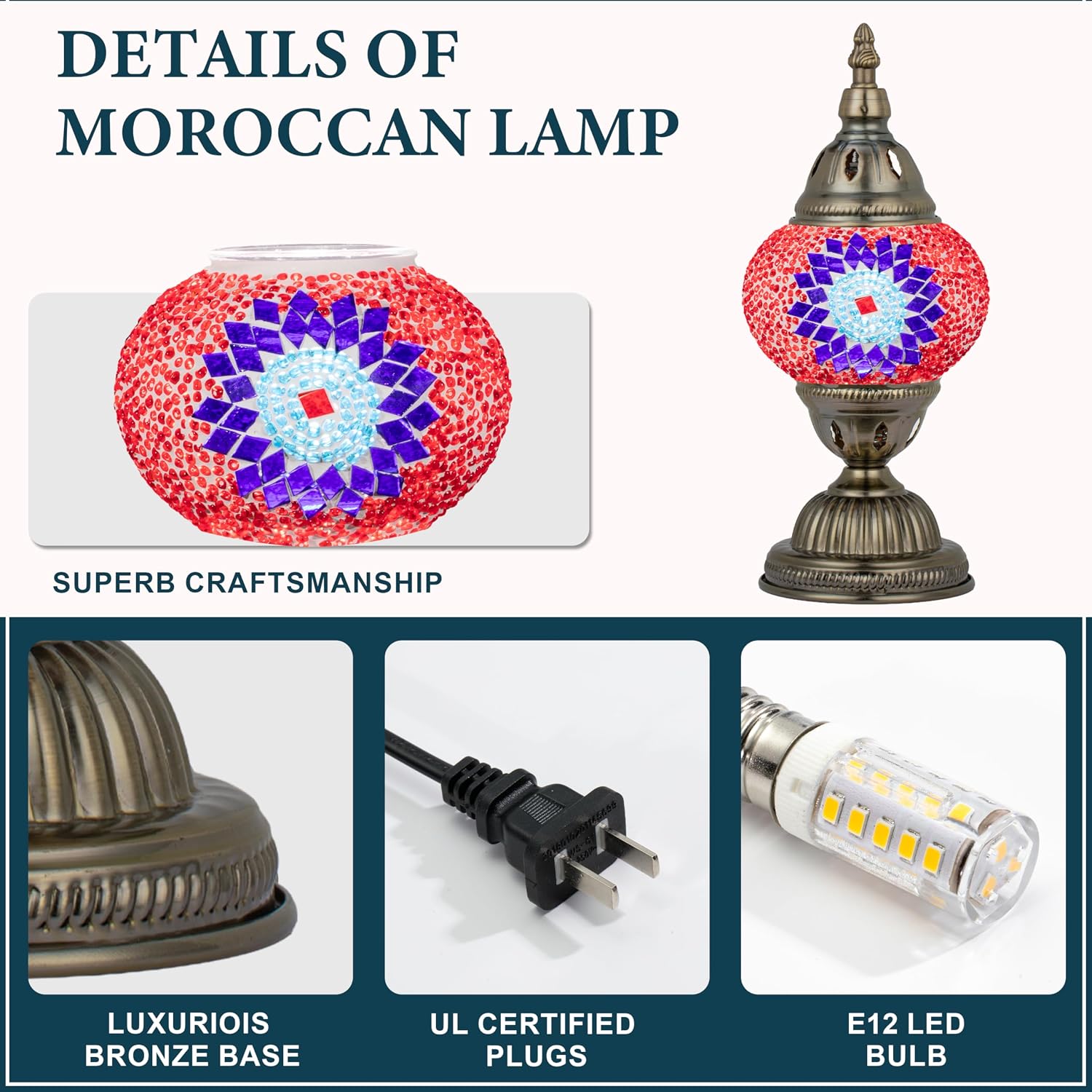 Marrakech Vintage Lamp Turkish Mosaic Lamps with Tiffany Style, Handmade Moroccan Table Lamps with Bronze Base Including LED Bulb for…