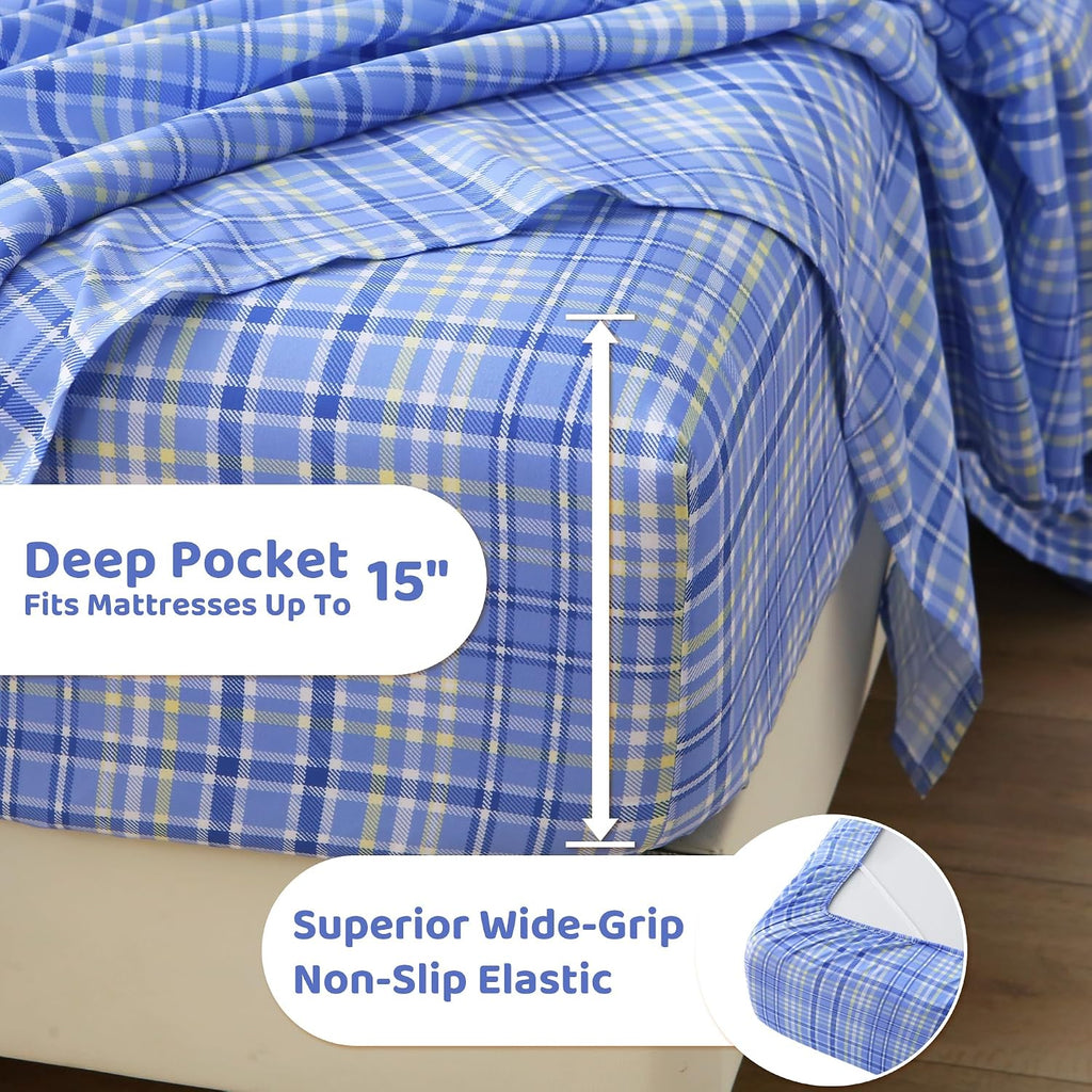 mooreeke Cozy Plaid Microfiber Printed Twin Sheet Set - Soft & Breathable Purple Yellow Plaid Bed Sheets with Extra Deep Pocket - Non-Slip…