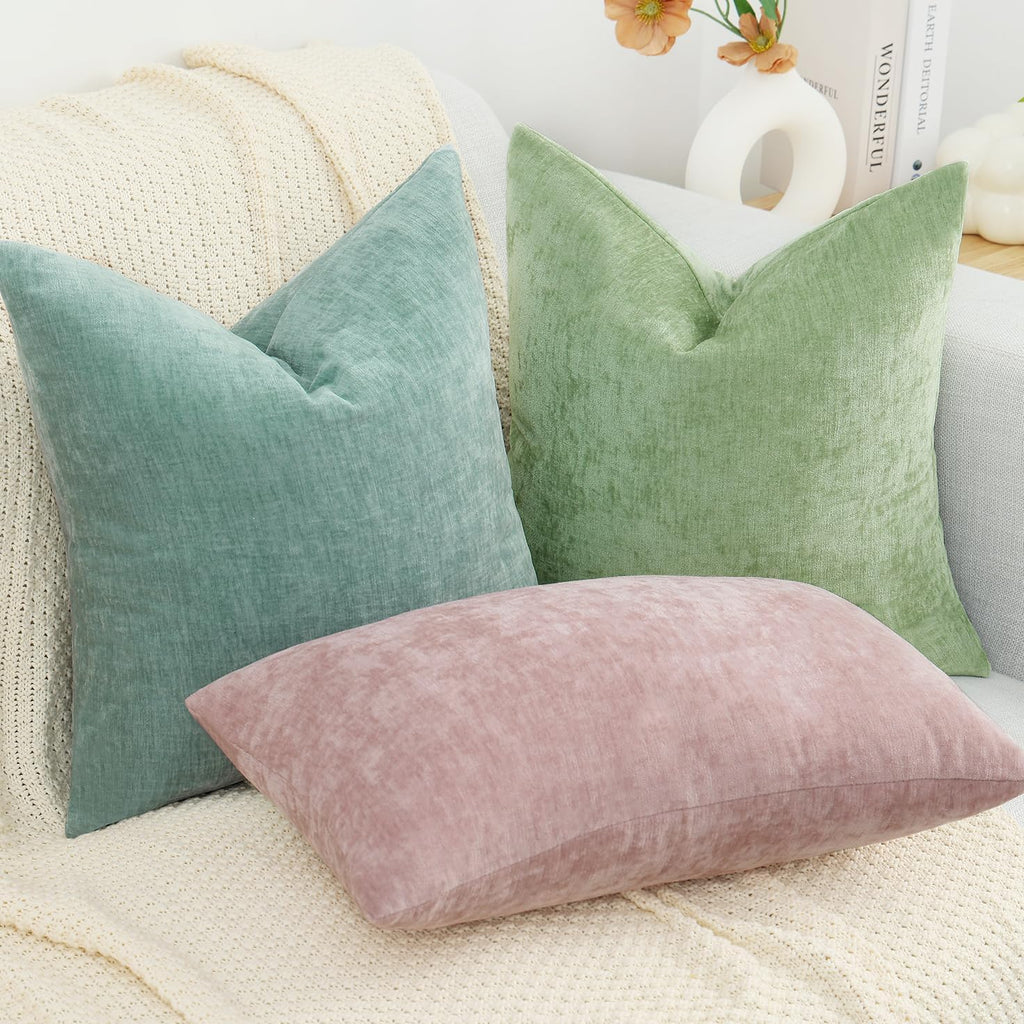 decorUhome Chenille Sage Green Summer Throw Pillow Covers 20x20 Inch Set of 2, Decorative Soft Couch Pillow Covers Solid Dyed Accent Farmho…