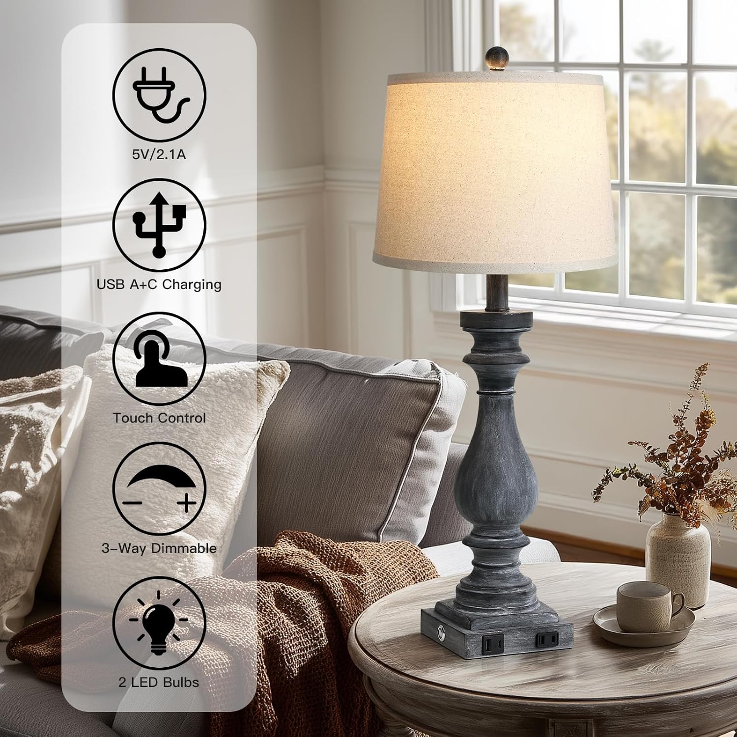 Cinkeda 29" Tall Farmhouse Table Lamp for Living Room Set of 2, Vintage Retro Nightstand Lamps with USB C+A Ports & AC Outlet,3-Way…