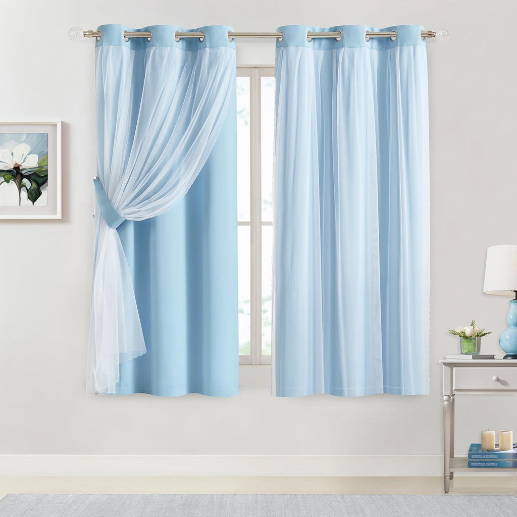 Bujasso Sky Blue 80% Blackout Curtains with Sheer Overlay Mix and Match Double Layer Thermal Insulated Window Panels 63 inch for Living Roo…
