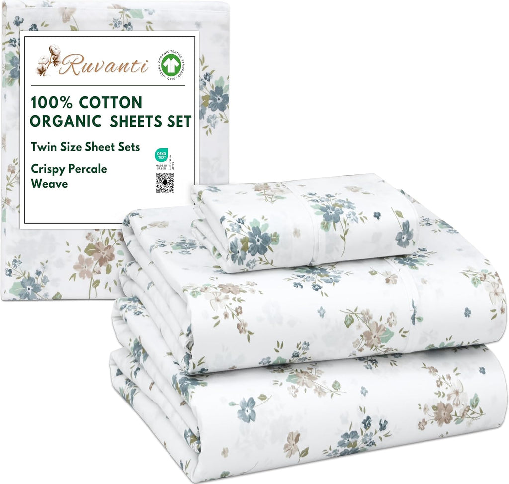 Ruvanti 100% Cotton Organic Percale Sheets Twin Size – Crisp Cooling Bed Sheets for Hot Sleepers, Deep Pocket 15”, Soft Peach Finish, Breat…