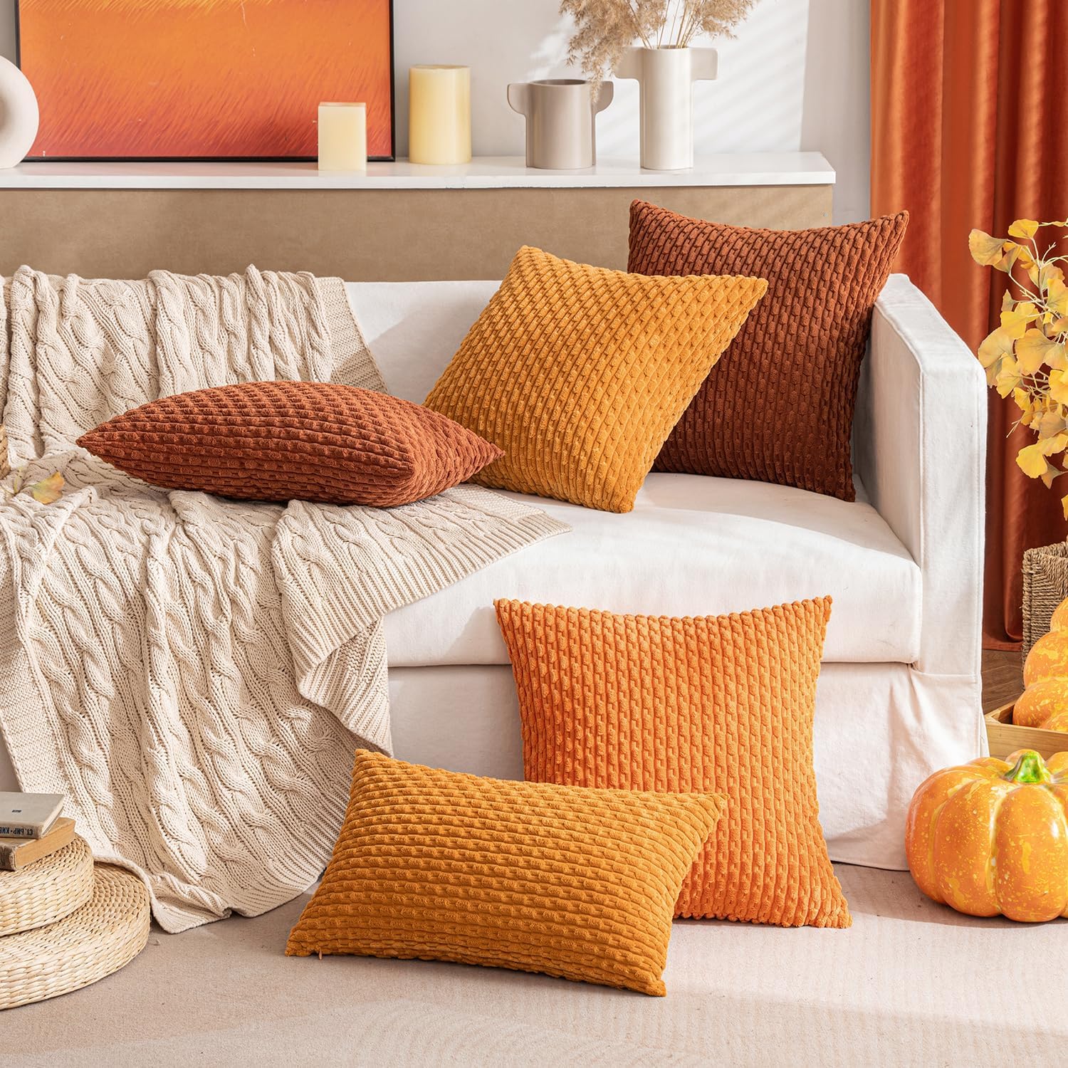 Miulee Orange Throw Pillow Covers Soft Corduroy Decorative Set of 2 Boho Striped Pillow Covers Pillowcases Farmhouse Home Decor for Hallowe…