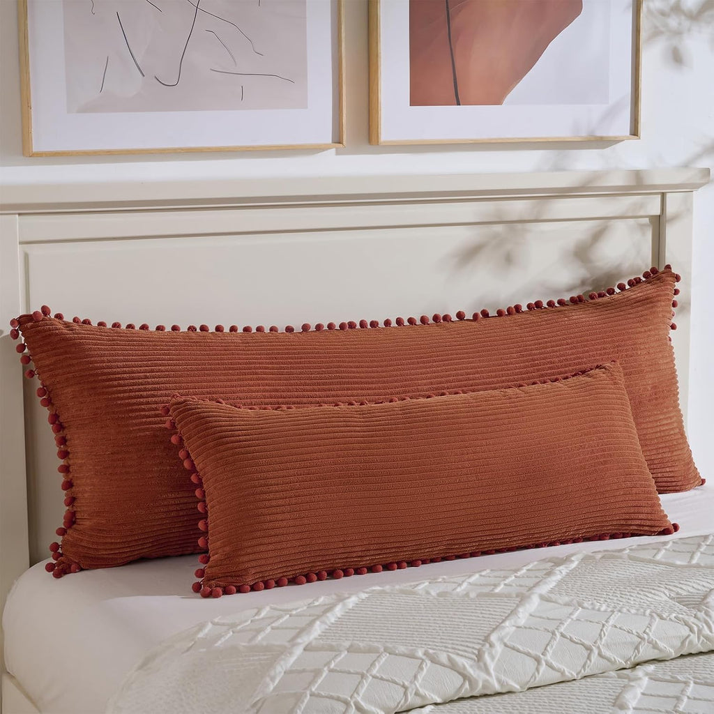 Fancy Homi 1 Pack Rust Long Lumbar Body Decorative Throw Pillow Covers 14x36 Inch with Pom-poms for Couch Sofa Bed, Farmhouse Boho Rustic…