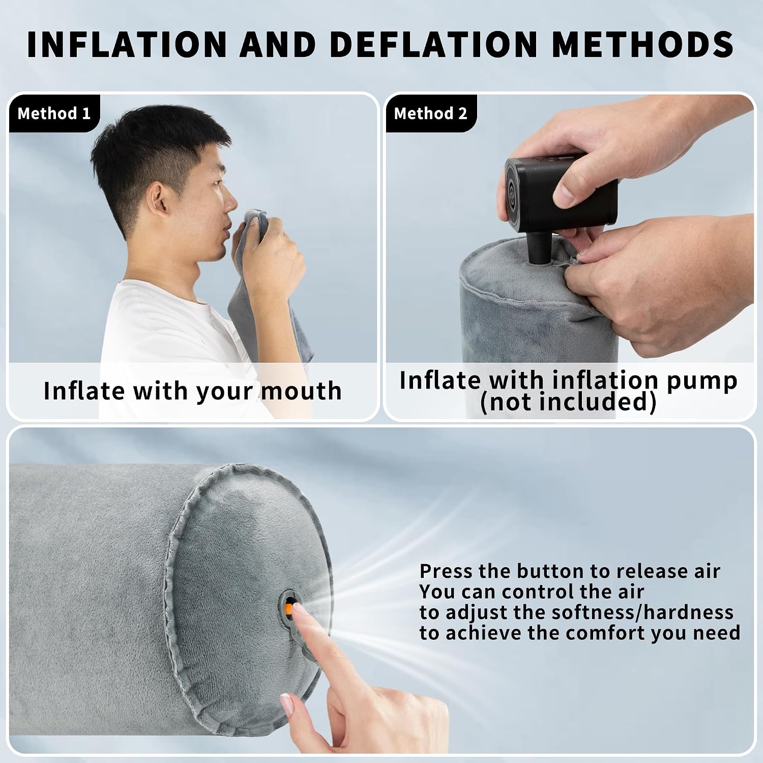 ONTYZZ Inflatable Round Neck Pillow Cervical Roll Pillow Cylinder Bolster Pillow for Head, Neck, Back, Legs and Yoga, Grey(4.92 * 14.96)