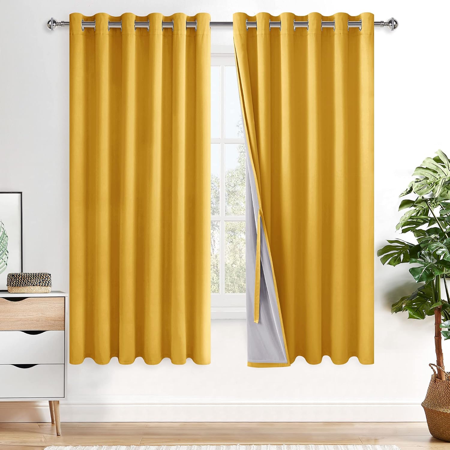 Xwzo Total Blackout Window Curtains - Large Thermal Insulated & Noise Reduction Black Liner Ring Top Window Treatment Sewn with Tiebacks fo…
