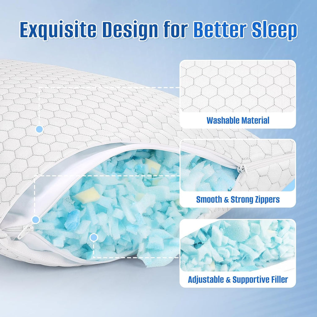 CushyOasis Shredded Memory Foam Pillow for Sleeping, Cooling Bed Pillows Set of 2, Adjustable Pillows for Side, Back, Stomach Sleepers with…