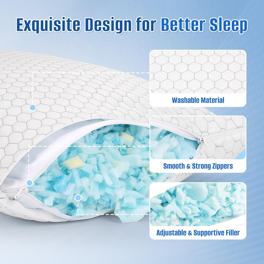 CushyOasis Shredded Memory Foam Pillow for Sleeping, Cooling Bed Pillows Set of 2, Adjustable Pillows for Side, Back, Stomach Sleepers with…