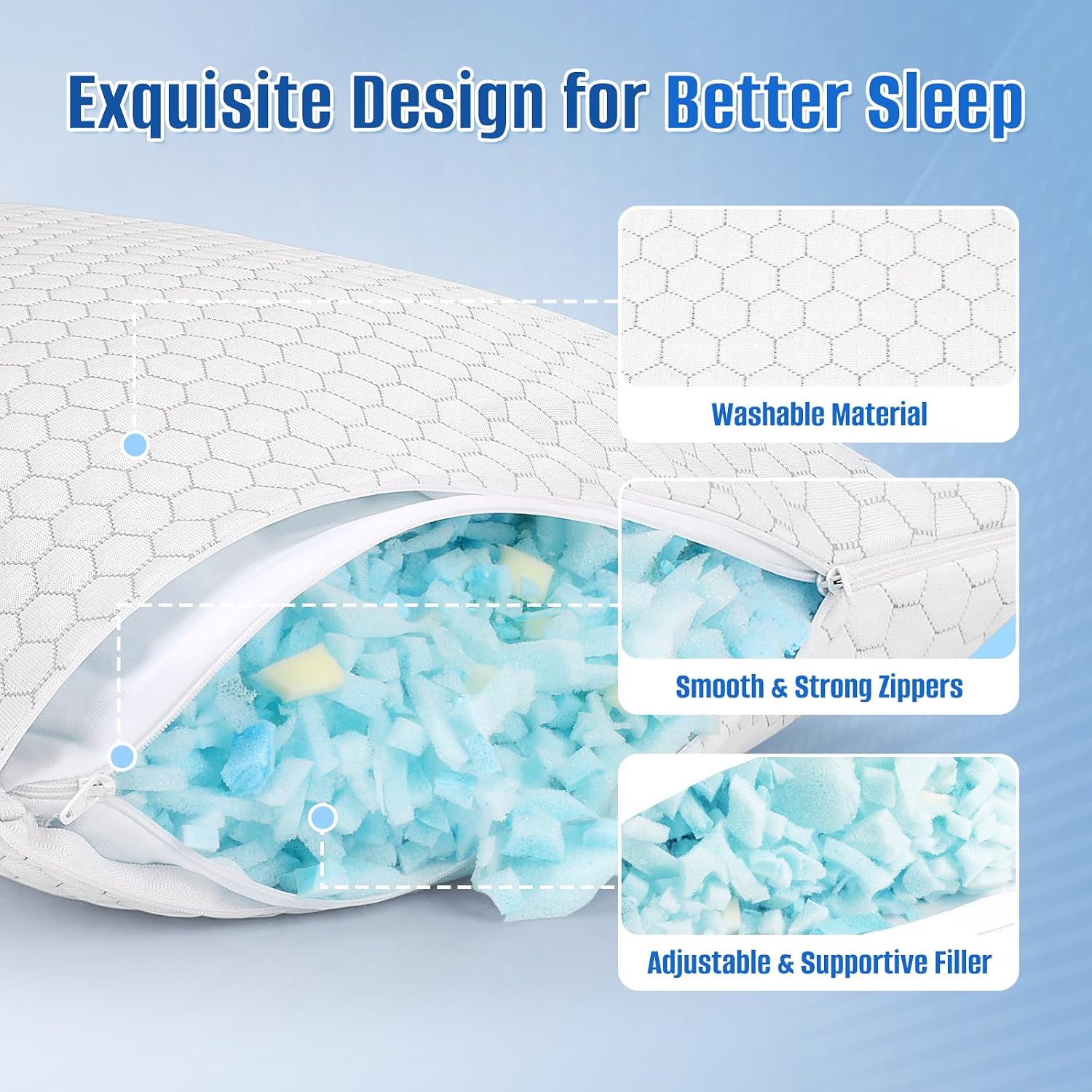 CushyOasis Shredded Memory Foam Pillow for Sleeping, Cooling Bed Pillows Set of 2, Adjustable Pillows for Side, Back, Stomach Sleepers with…