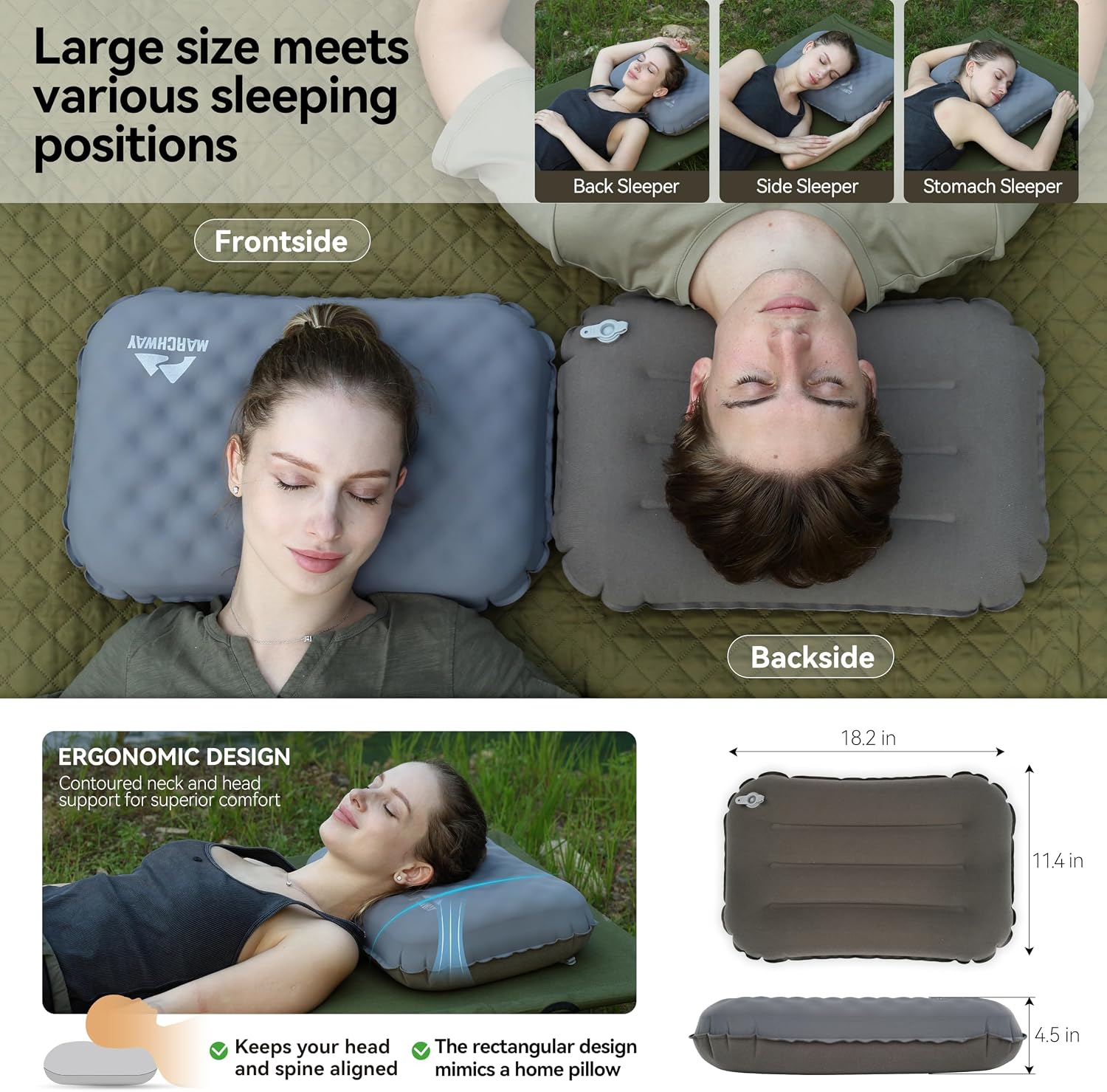 MARCHWAY Inflatable Camping Pillow with Soft Foam Top & TPU Air Bladder, Dual-Sided Support for All-Season, Lightweight Compact Travel…