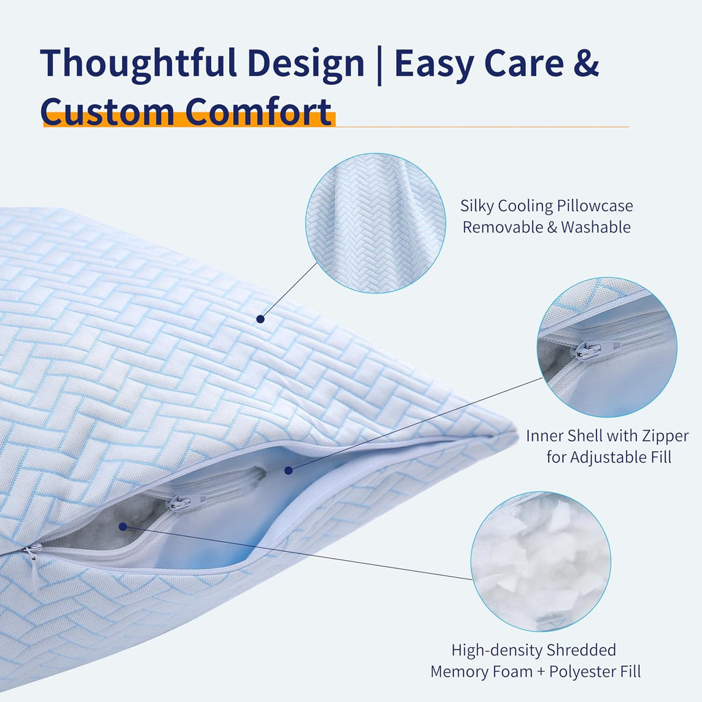 Downcool Cooling Pillow King Size Set of 2, Adjustable Shredded Memory Foam Pillows for Sleeping, Cool Bed Pillows for Hot Sleepers, Soft S…