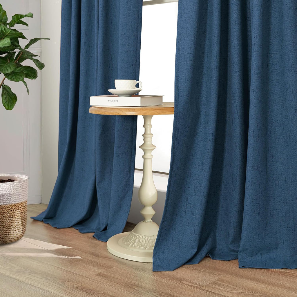 Pitalk Navy Blue Curtains for Living Room 102 Inch Long 100 Percent Blackout Linen Look Viral Window Curtains for Bedroom Black Out Drapes…