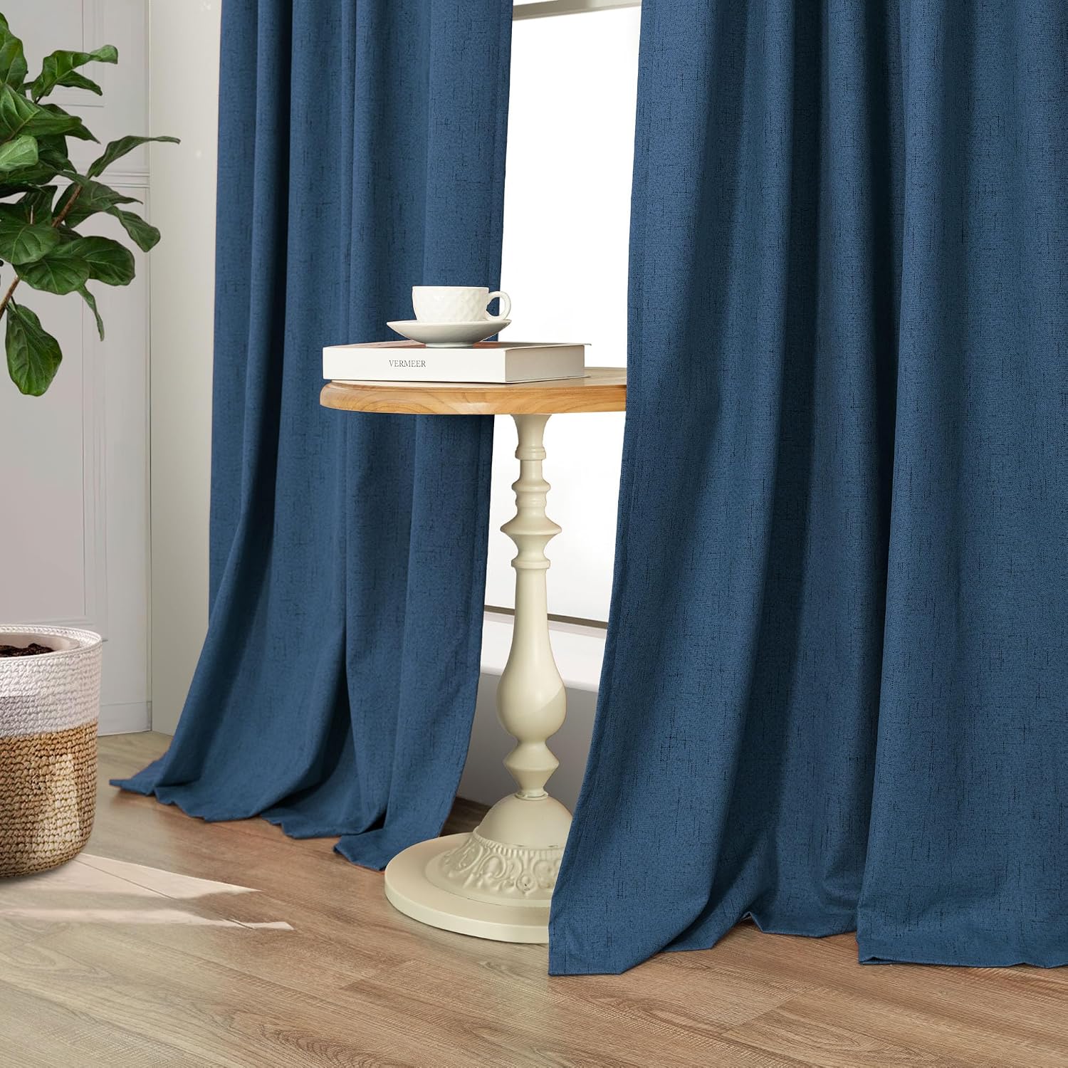 Pitalk Navy Blue Curtains for Living Room 102 Inch Long 100 Percent Blackout Linen Look Viral Window Curtains for Bedroom Black Out Drapes…