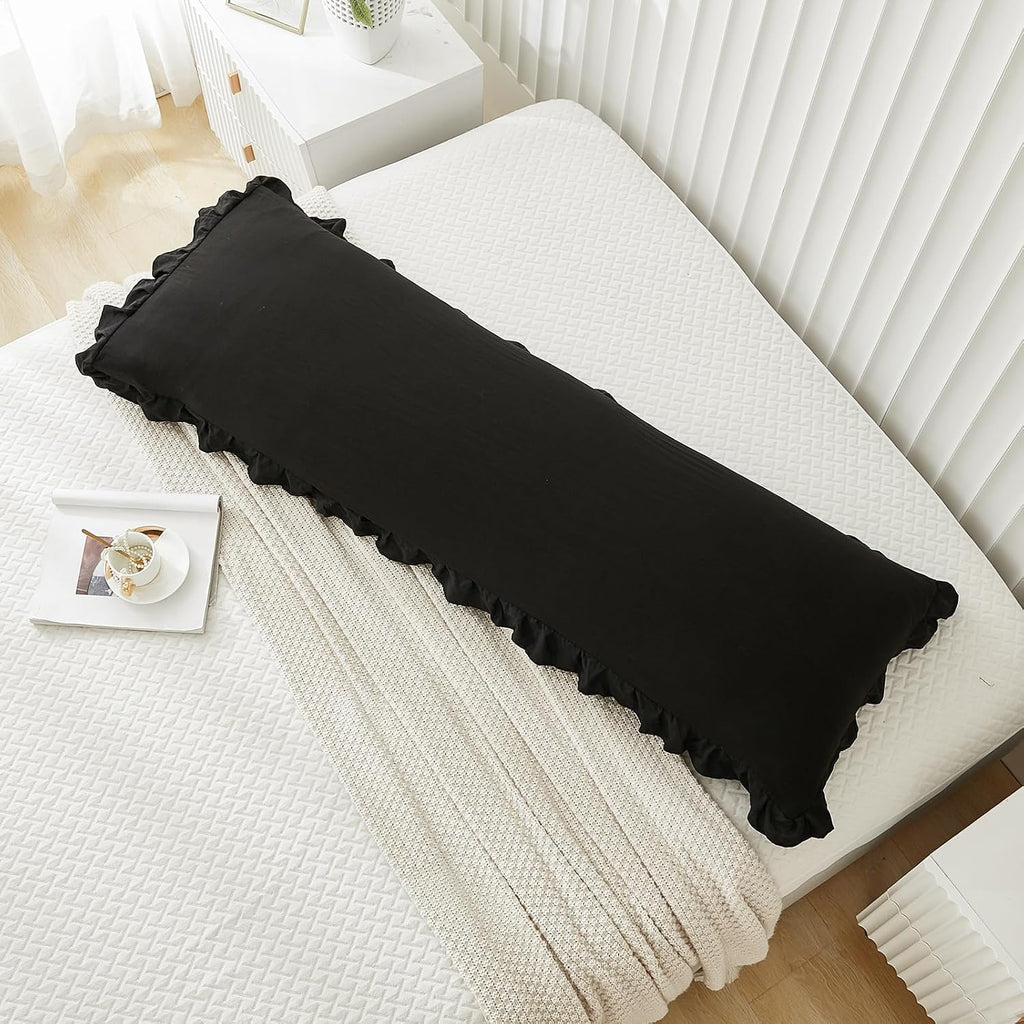 Merryword Black Body Pillow Cover 20x54inches Long Pillowcase Ruffled Pillowcases Shabby Chic Ruffled Fringe Decor Body Ruffled Pillow Sham…