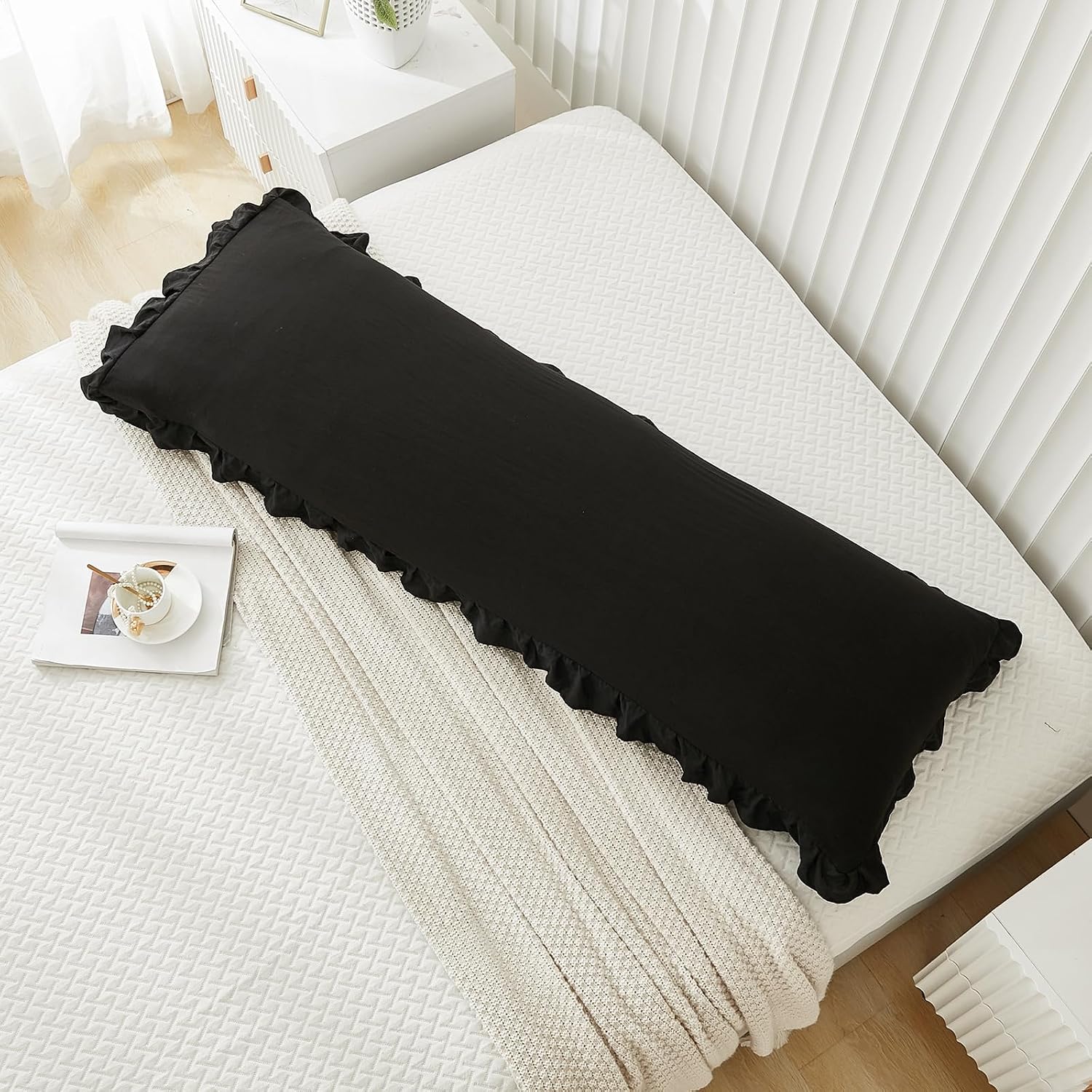 Merryword Black Body Pillow Cover 20x54inches Long Pillowcase Ruffled Pillowcases Shabby Chic Ruffled Fringe Decor Body Ruffled Pillow Sham…