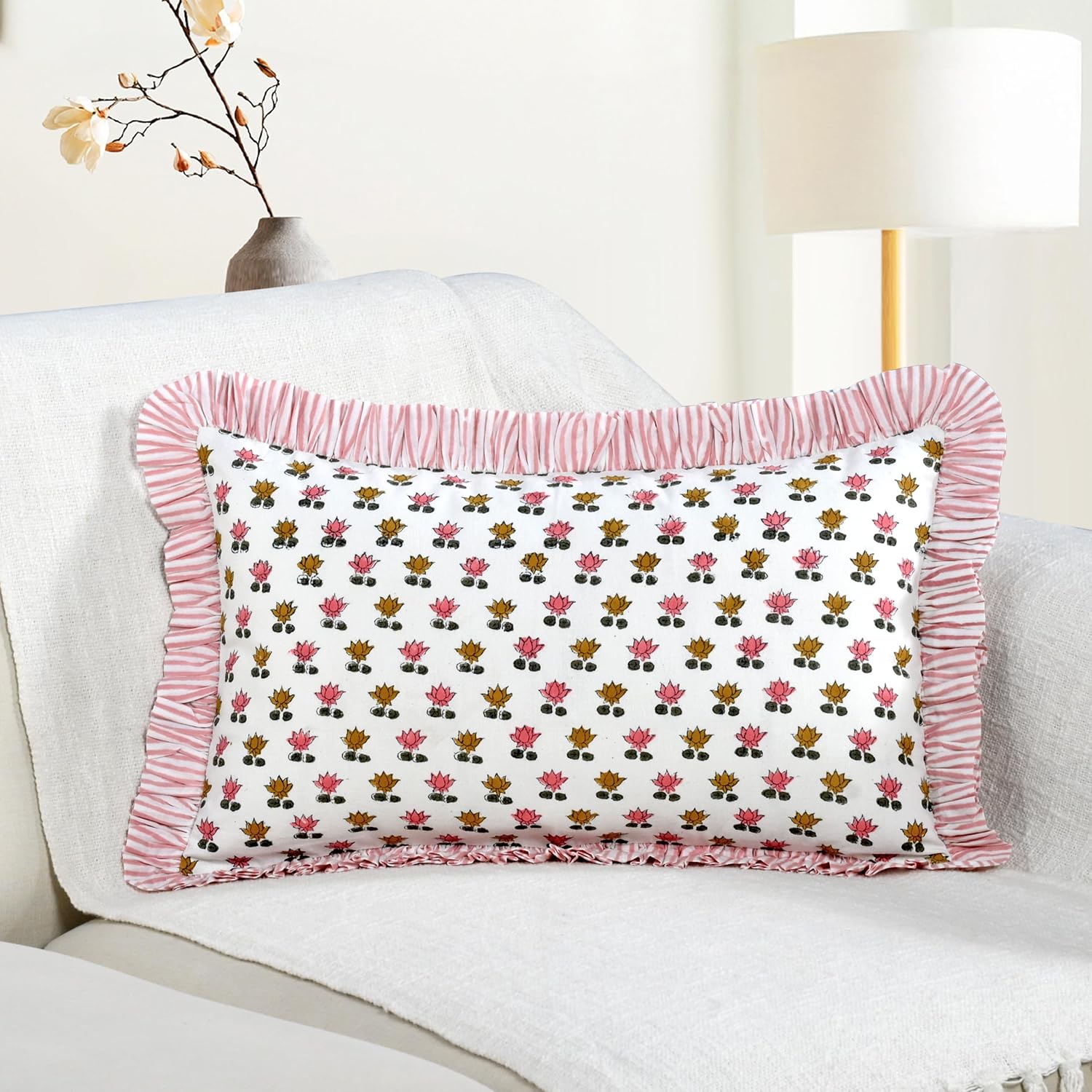 Cottonprintclub CPC Hand Block Print Rosette Bloom Ruffle Sham Pillow Cover 20" x 12" inch Hidden Zipper Decorative Pillowcase for Couch, B…