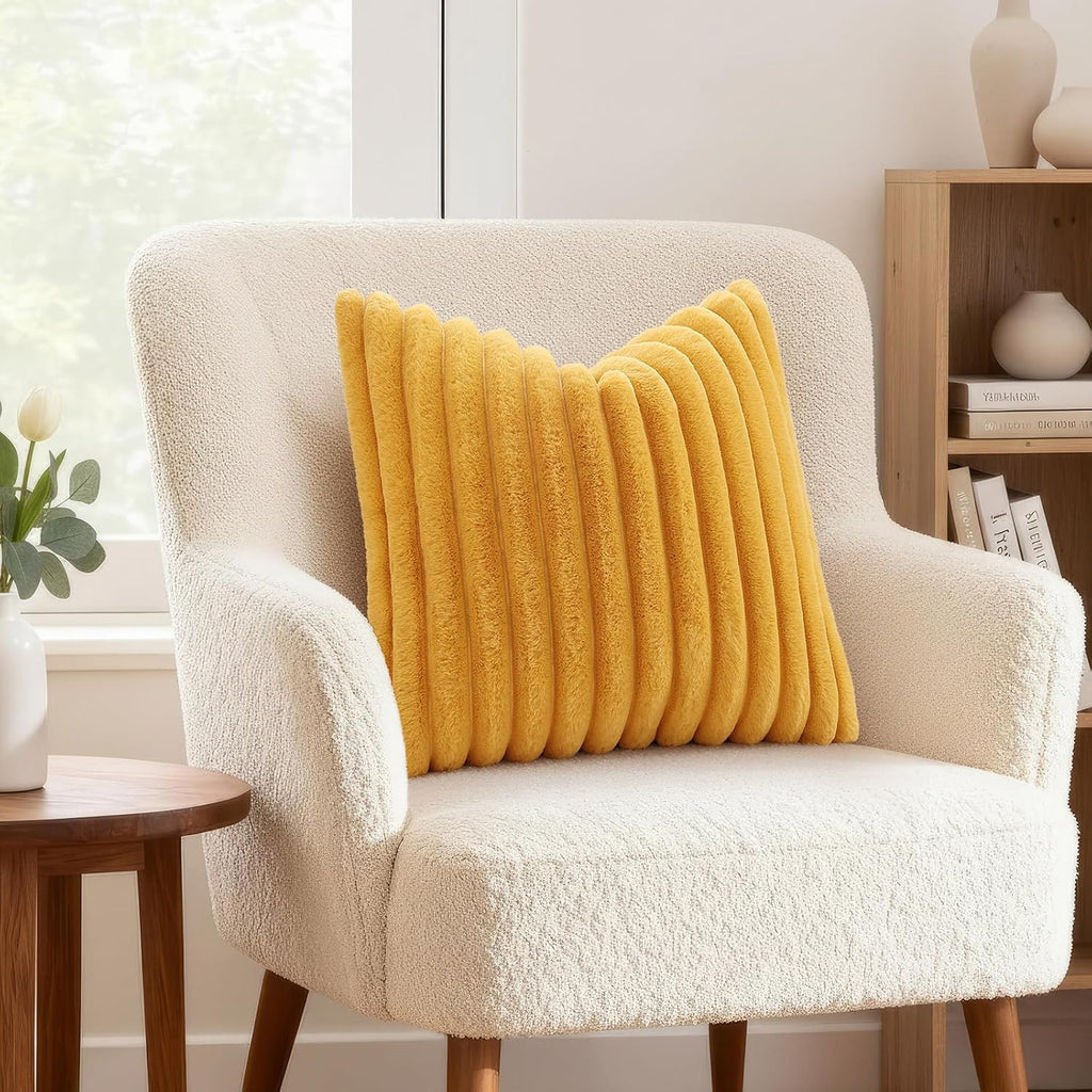 decorUhome Summer Cozy Faux Fur Throw Pillow Covers 26x26 Set of 2 Decorative Plush Striped Modern Farmhouse Boho Couch Euro Sham Pillow Ca…