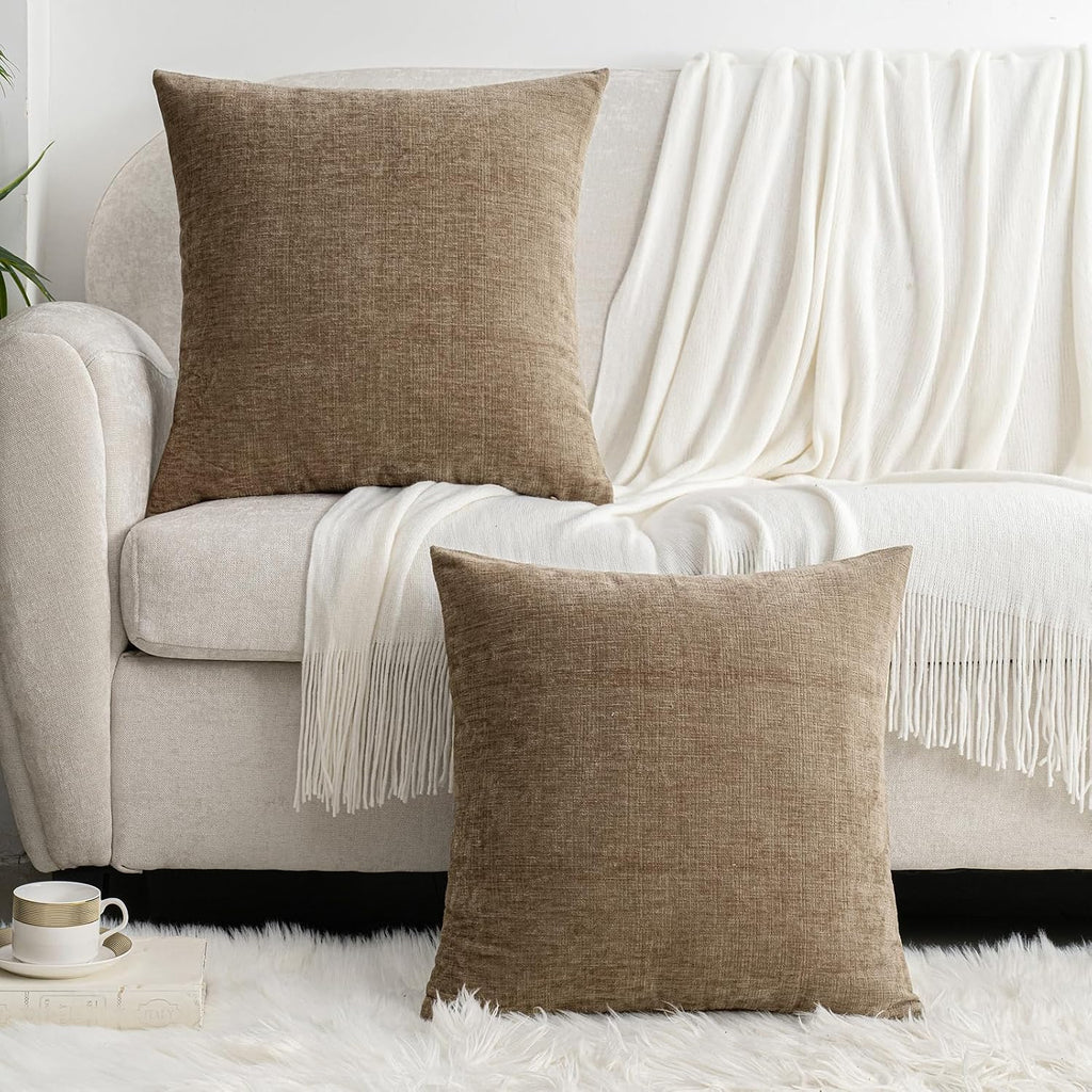 Hwy50 HWY 50 Taupe Couch Pillow Covers 16x16 Inch Pack of 2, Soft Chenille Decorative Throw Pillow Cases Farmhouse for Sofa Living Room Bed…