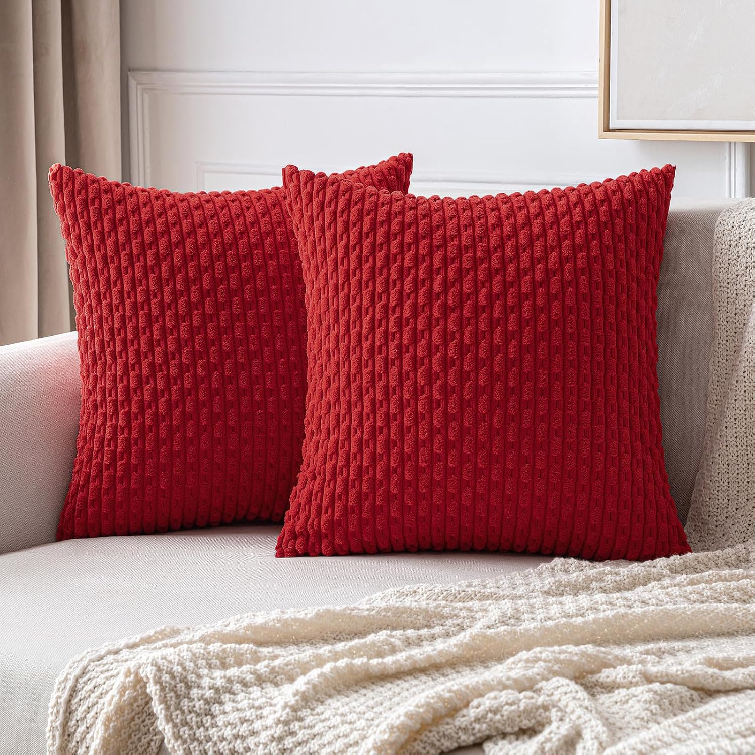 Miulee Red Throw Pillow Covers Soft Corduroy Decorative Set of 2 Boho Striped Pillow Covers Pillowcases Farmhouse Home Decor for Couch Bed…