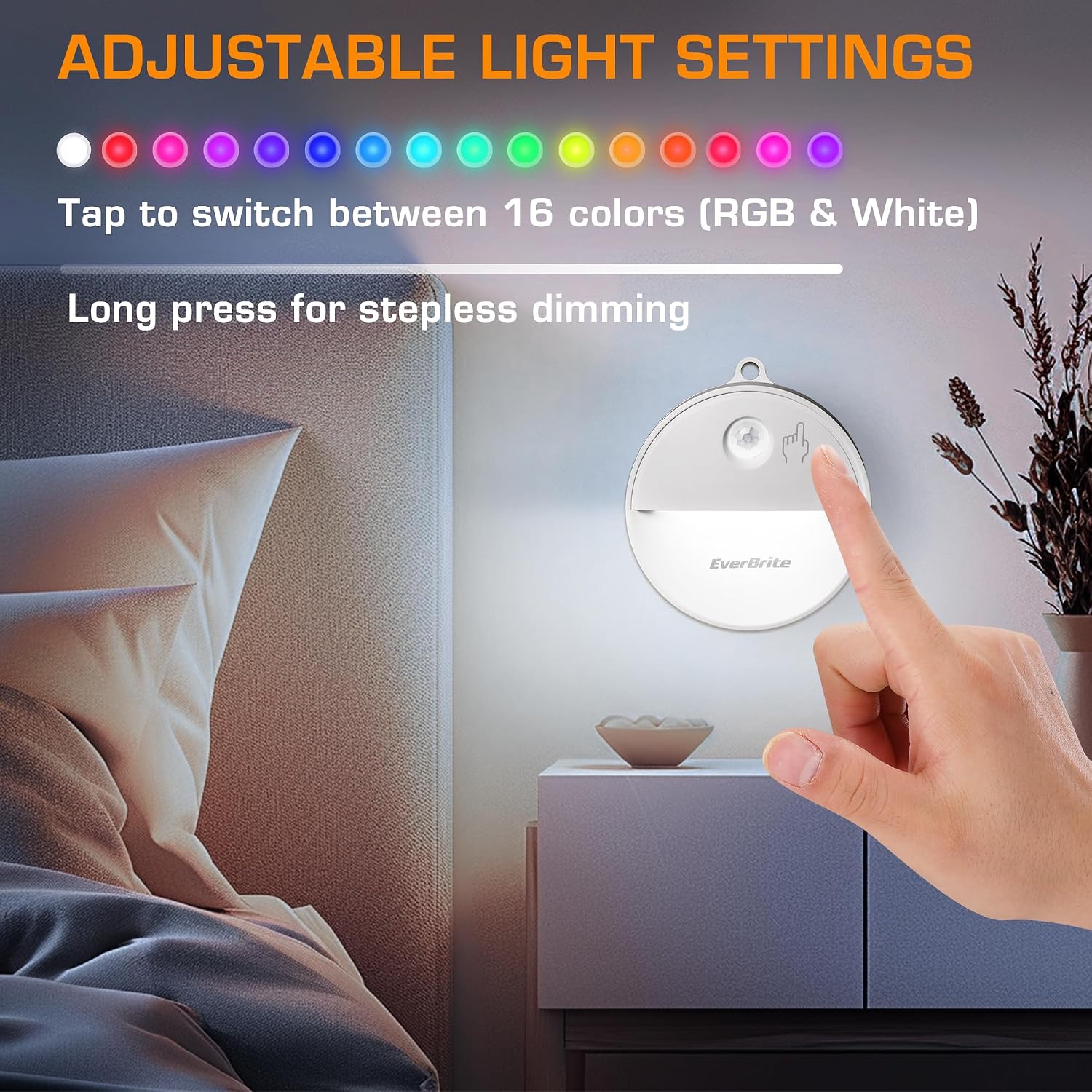 EverBrite LED Motion Sensor Night Light, Dimmable Night Lights with 15 RGB Colors, Cool White Motion Activated LED Night Light for…