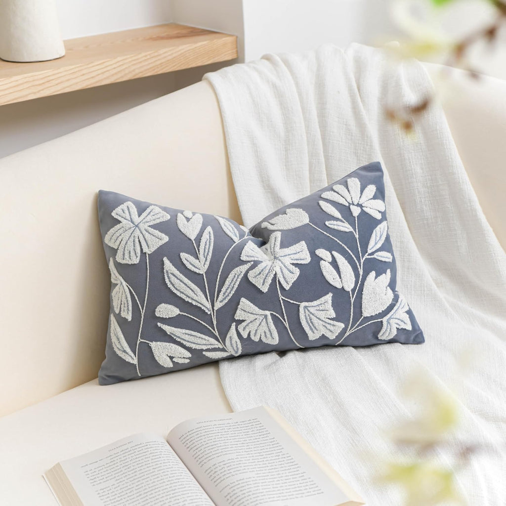 BlissBlush 12x20 Lumbar Pillow Cover, Grayish Blue Rectangular Decorative Throw Pillowcase for Couch Sofa, Floral Tufted Embroidered…