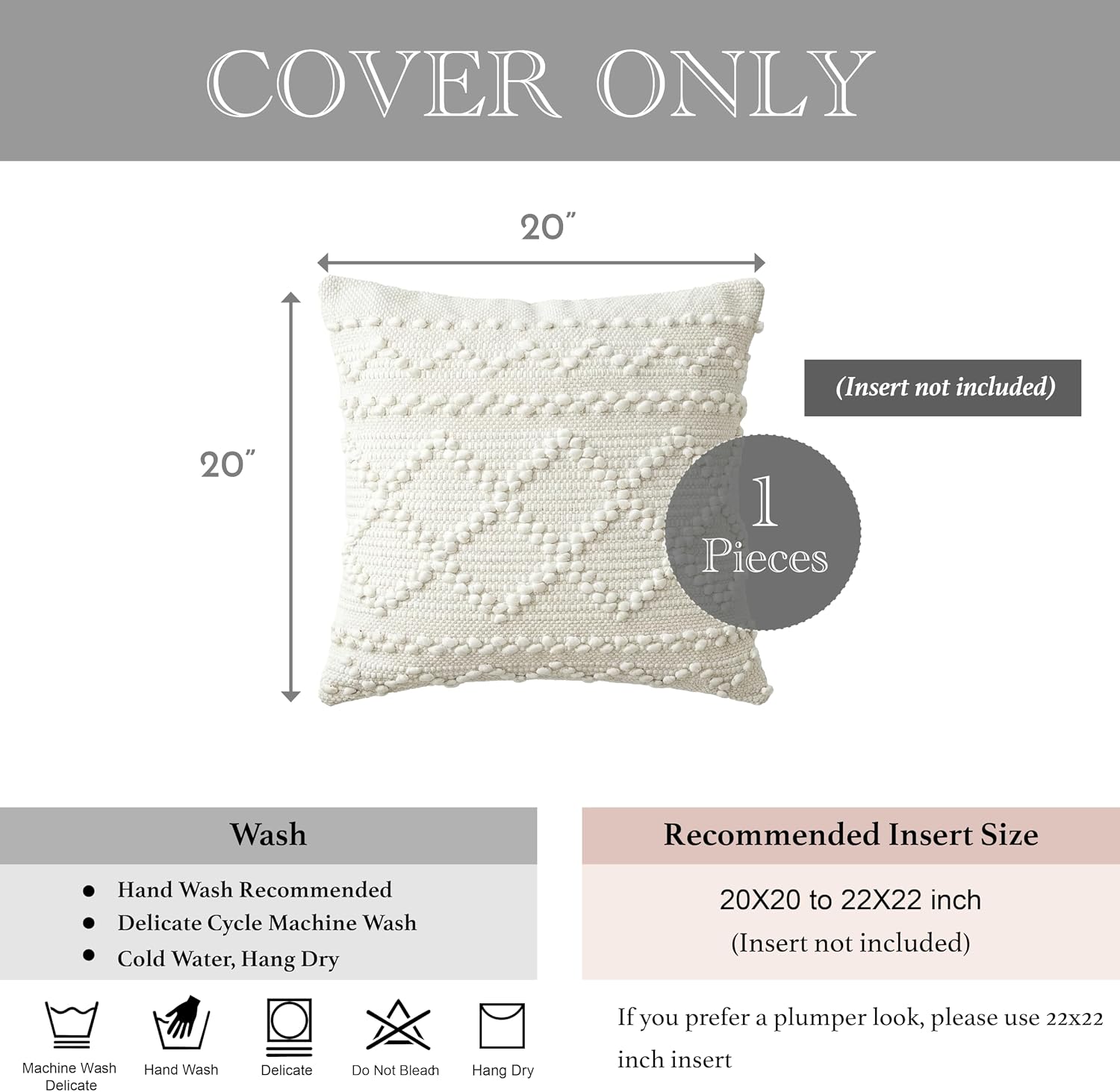 BlissBlush Pure White Decorative Throw Pillow Cover 20X20, Boho Accent Pillow for Couch, Square Modern Farmhouse Pillowcase for Living…