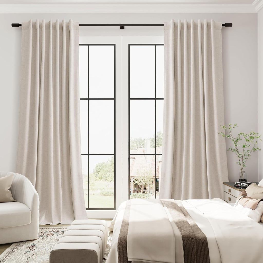 Guken Natural 100% Blackout Linen Curtains 102 Inch Length for Bedroom Back Tab Hook Belt Room Darkening Black Out Farmhouse Thermal Insula…