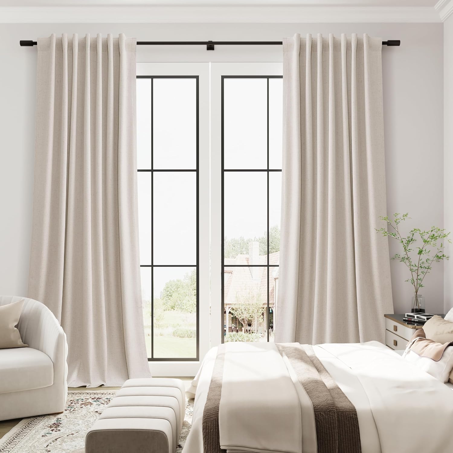 Guken Natural 100% Blackout Linen Curtains 102 Inch Length for Bedroom Back Tab Hook Belt Room Darkening Black Out Farmhouse Thermal Insula…