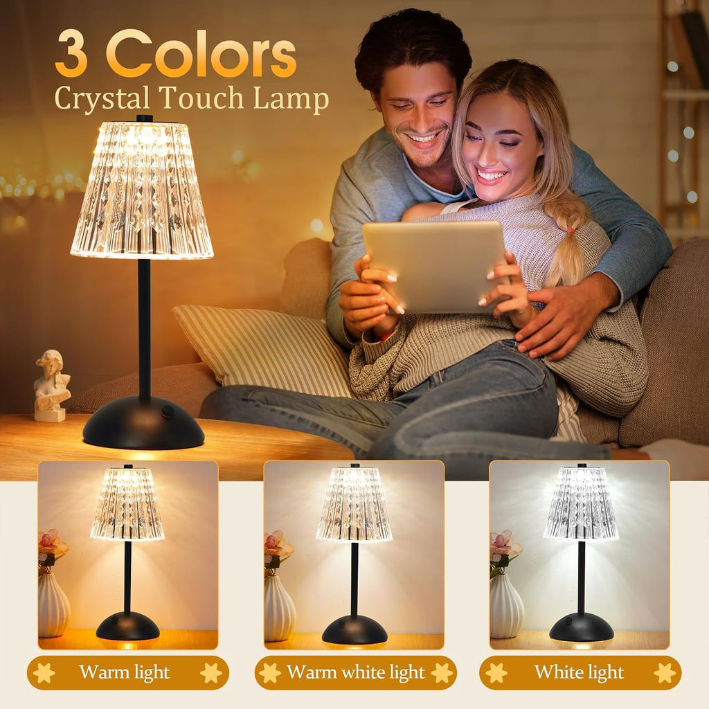 Nusogon Cordless Touch Table Lamp, 3500mAh Rechargeable Small Dask Lamp, 3 Colors Dimmable Battery Operated Crysta Lamp for Bedroom…