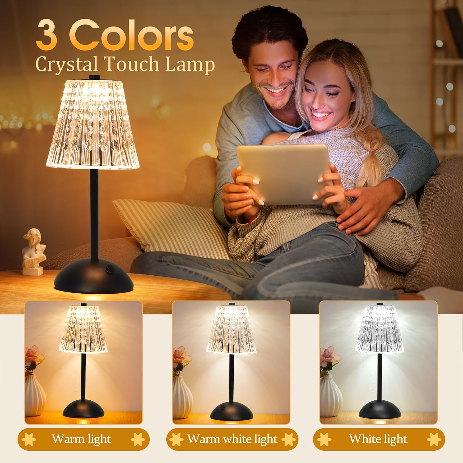Nusogon Cordless Touch Table Lamp, 3500mAh Rechargeable Small Dask Lamp, 3 Colors Dimmable Battery Operated Crysta Lamp for Bedroom…