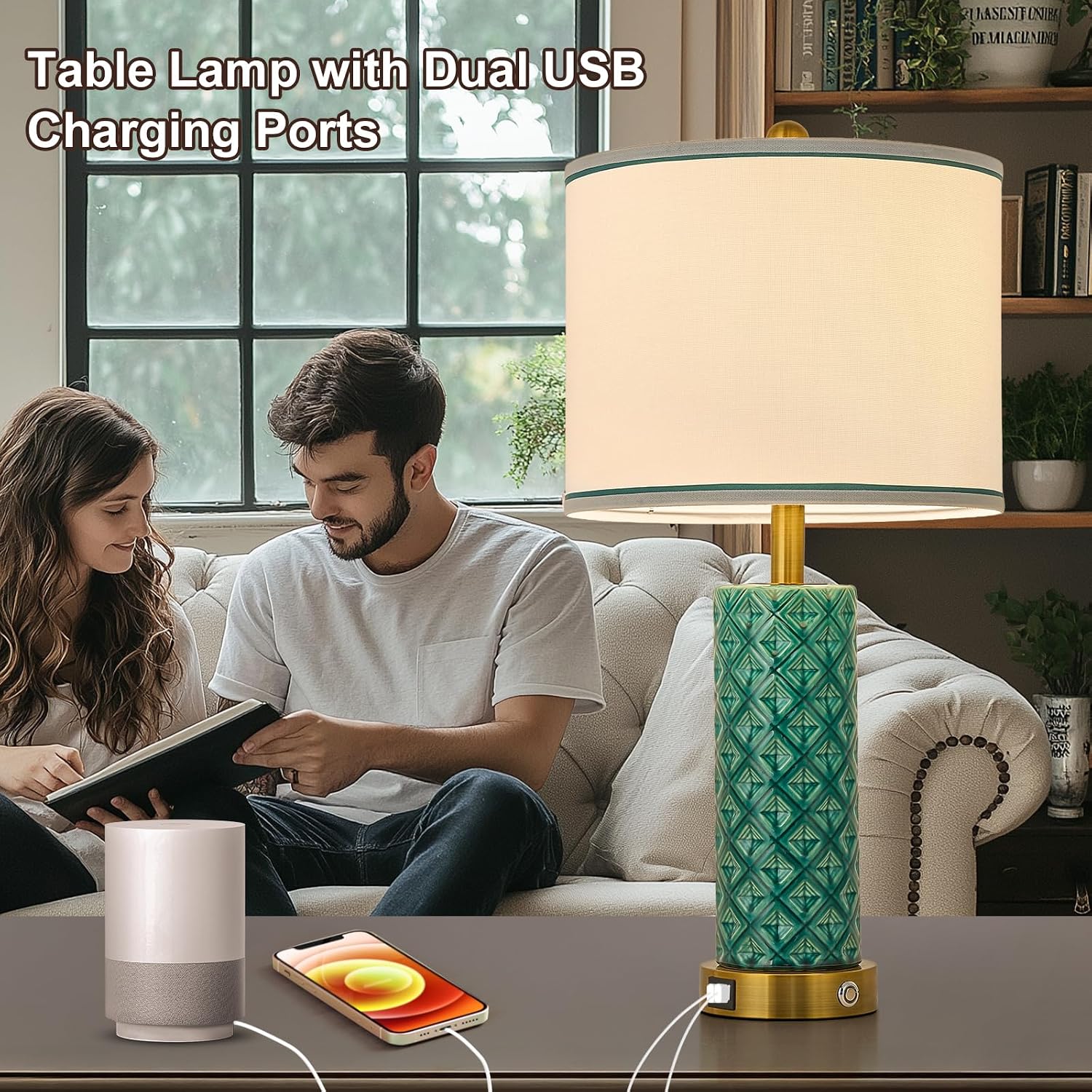 Set of 2 Table Lamp for Living Room Bedroom Farmhouse,26'' Touch Control Bedroom Turquoise Ceramic Lamps 3-Way Dimmable Bedside Lamps…
