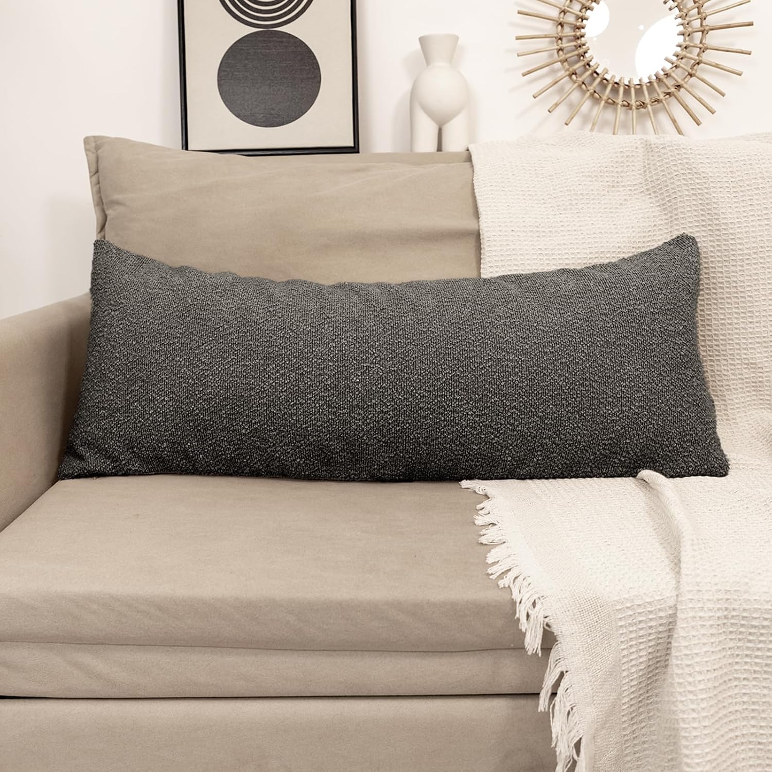 JoraLion 20x54 inch Neutral Boucle Body Pillow Cover, Dark Grey Long Pillow Cover Cozy Soft Cushion Case for Couch Sofa Bed Living Room…
