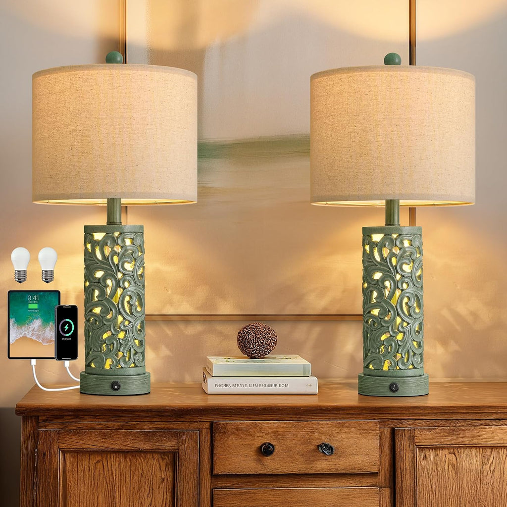 Oyears 22'' Table Lamp Set of 2 for Living Room, Farmhouse Lamp for Bedroom, Vintage Bedside Lamps with Retro Design and USB Ports, Linen S…