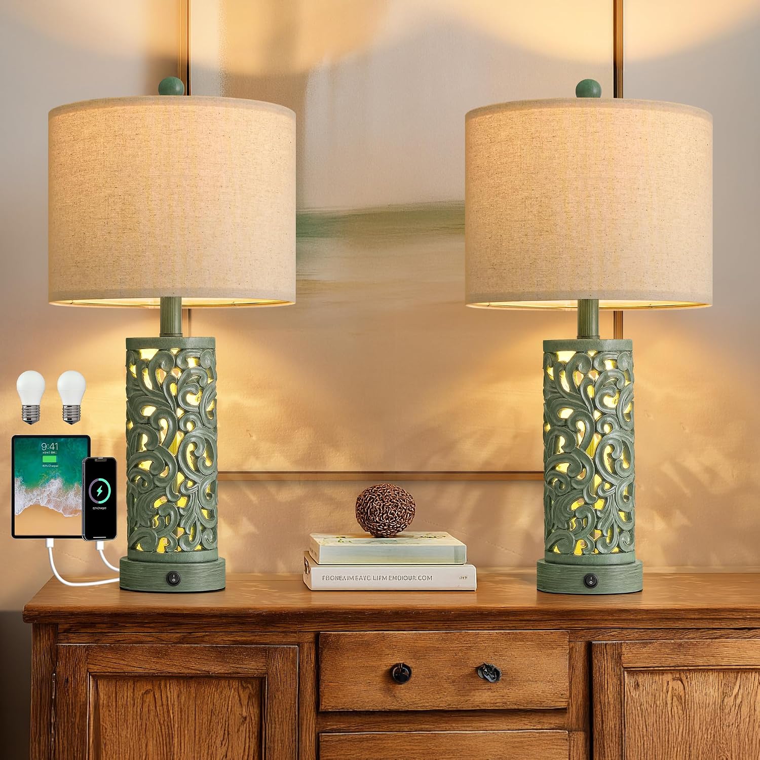 Oyears 22'' Table Lamp Set of 2 for Living Room, Farmhouse Lamp for Bedroom, Vintage Bedside Lamps with Retro Design and USB Ports, Linen S…