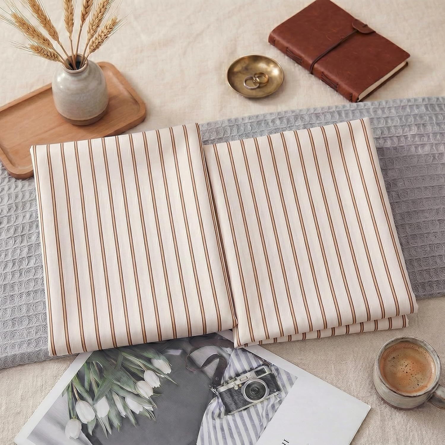 Merryword 100% Cotton Pillow Cases, Queen Size Pillowcases, Beige and Terracotta Striped Pillowcases, Soft Breathable Engineered Stripes Pi…