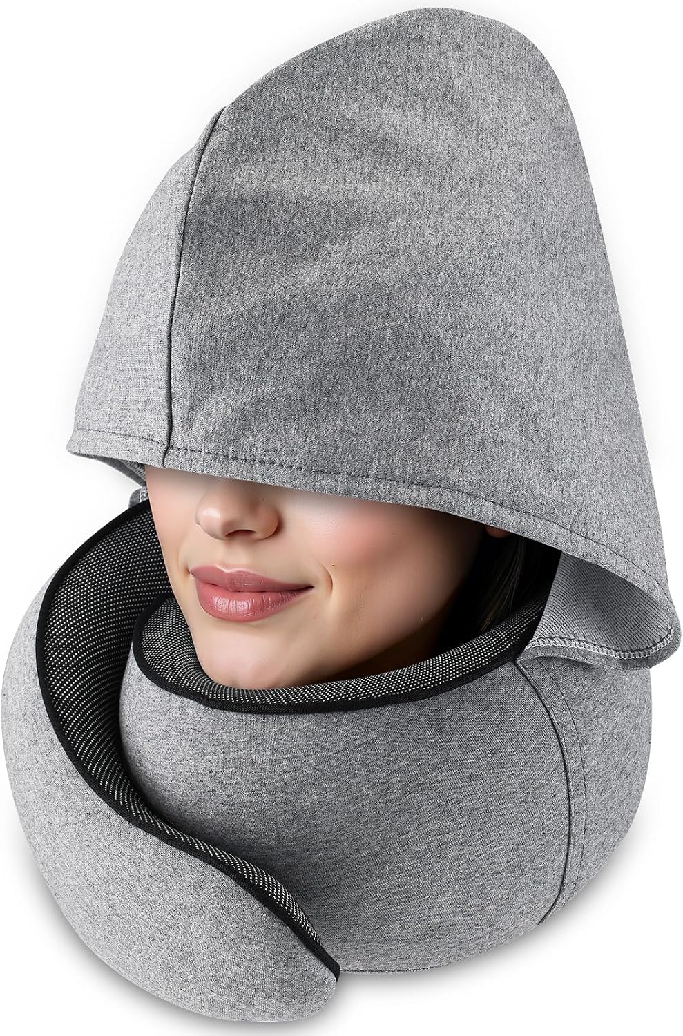 Travel Pillow with Hood (Light Gray) - for Airplane Travel and Car Ride Nap, Foldable Hood, Slow-Rebound Memory Foam, 360 Ergonomic…